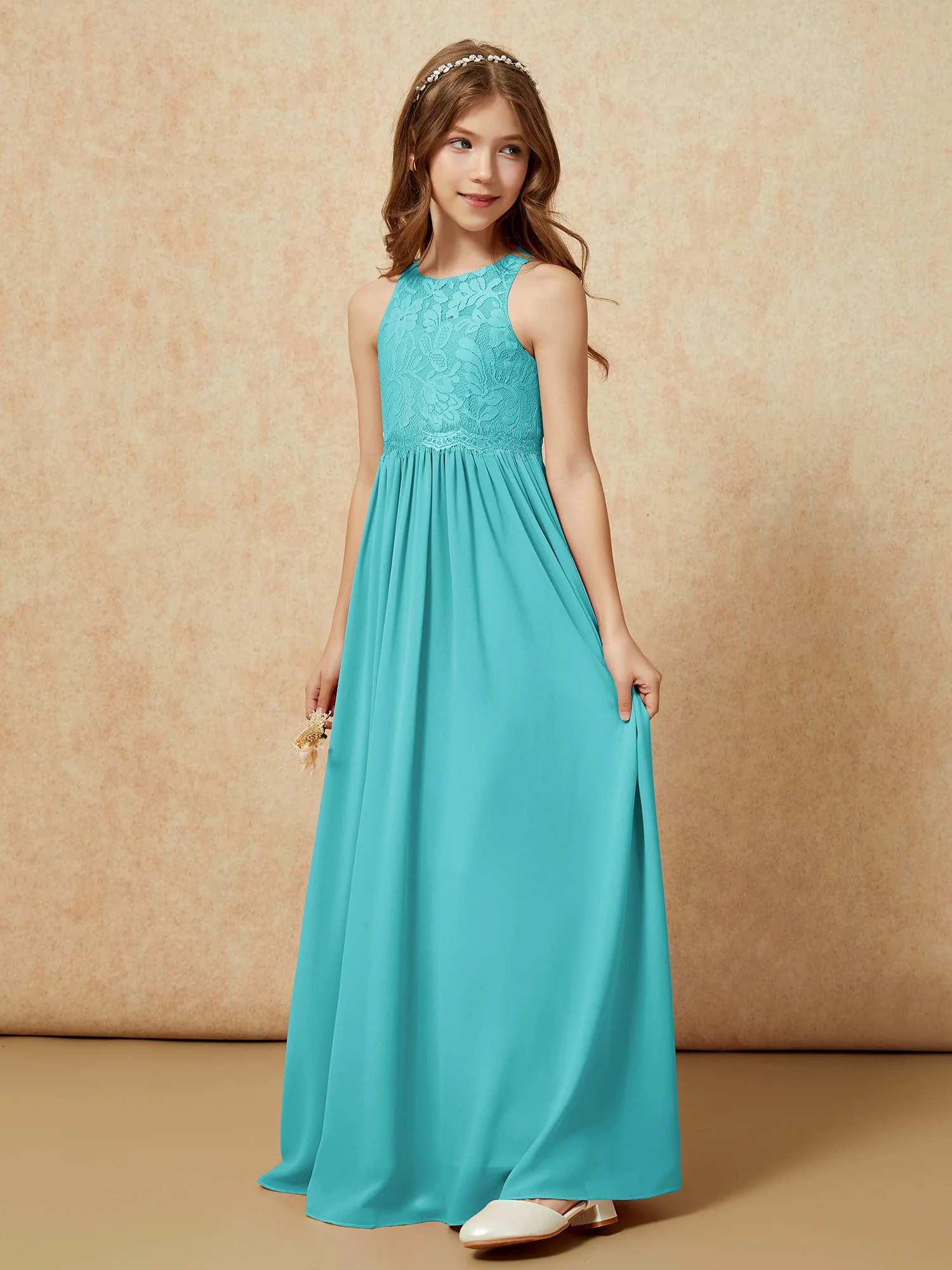 Sleeveless Lace Chiffon A-line Junior Bridesmaid Dress Jade - Image 3