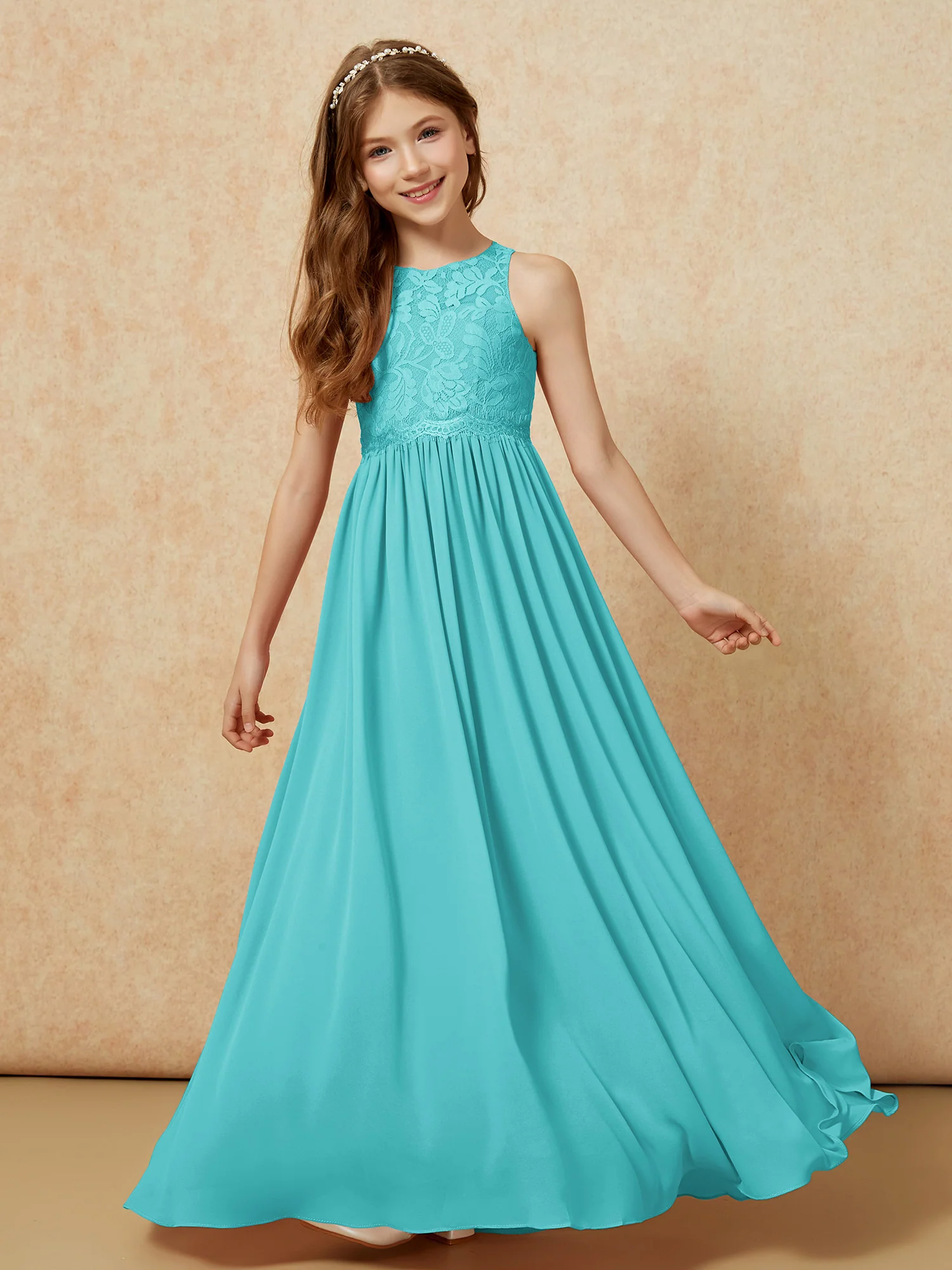 Sleeveless Lace Chiffon A-line Junior Bridesmaid Dress Jade - Image 4