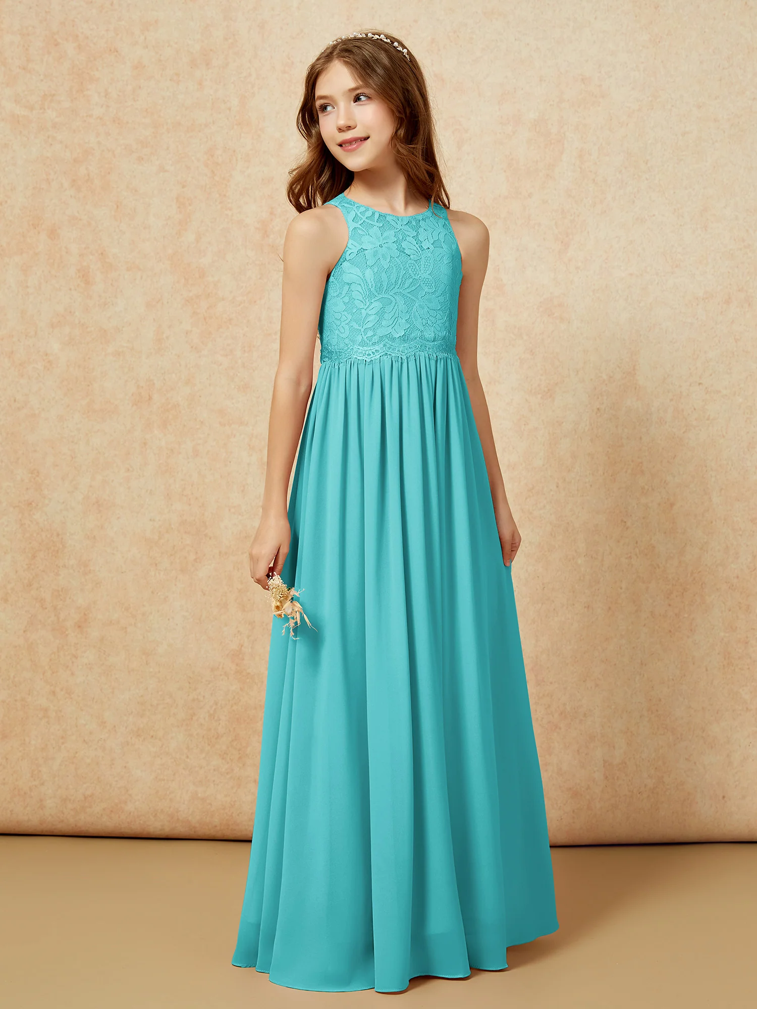 Sleeveless Lace Chiffon A-line Junior Bridesmaid Dress Jade - Image 5