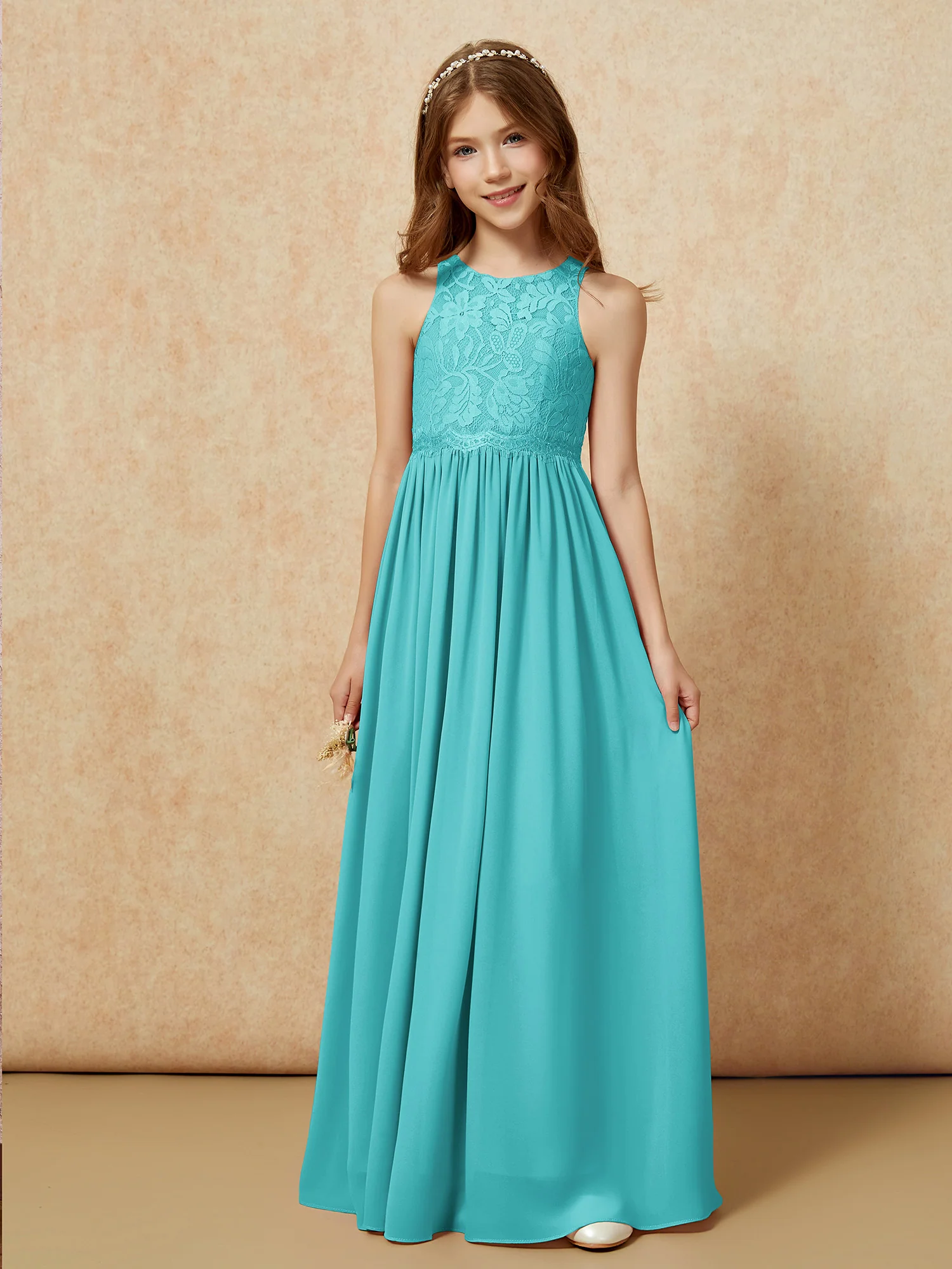 Sleeveless Lace Chiffon A-line Junior Bridesmaid Dress Jade - Image 6