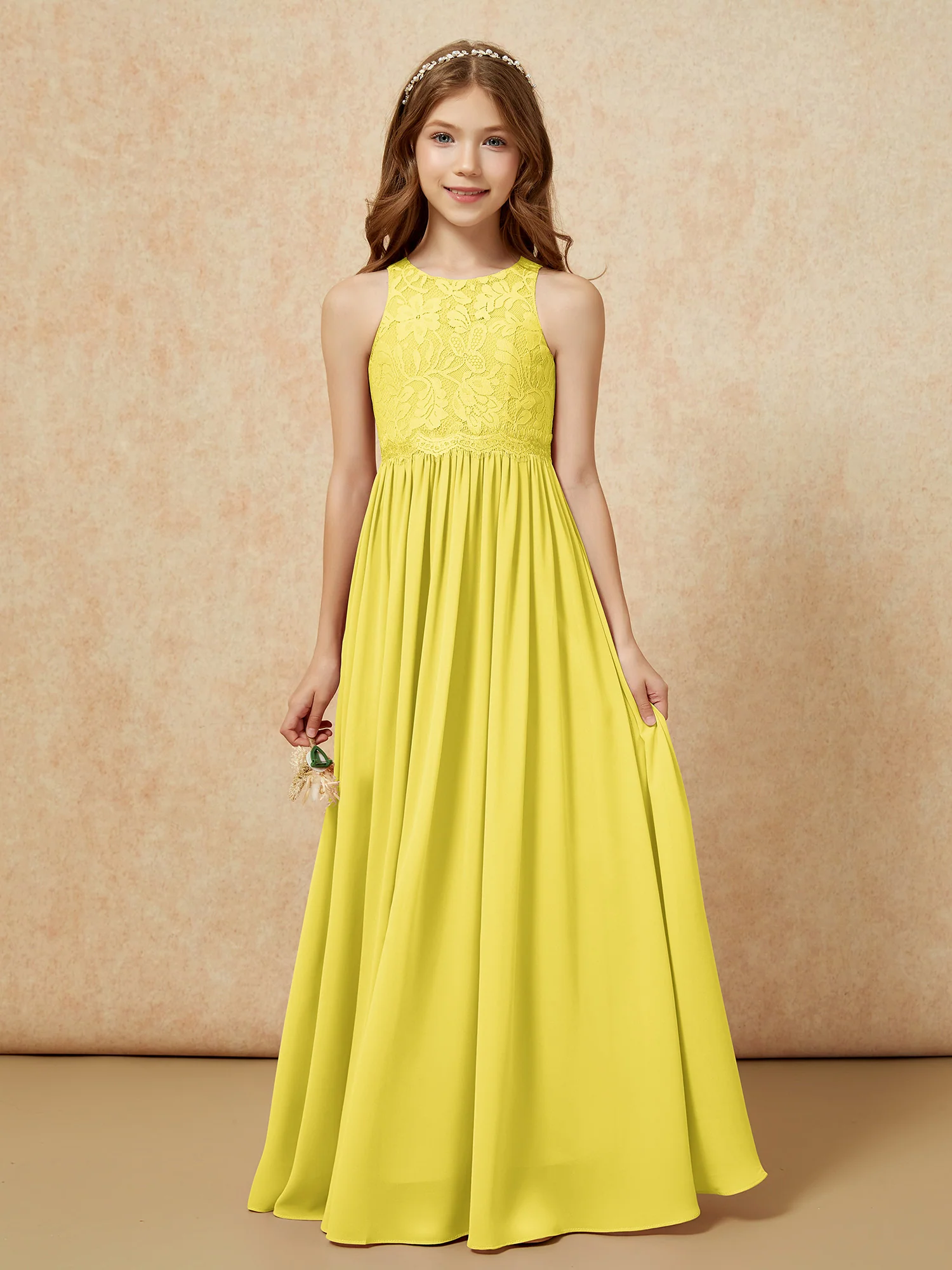 Sleeveless Lace Chiffon A-line Junior Bridesmaid Dress Lemon