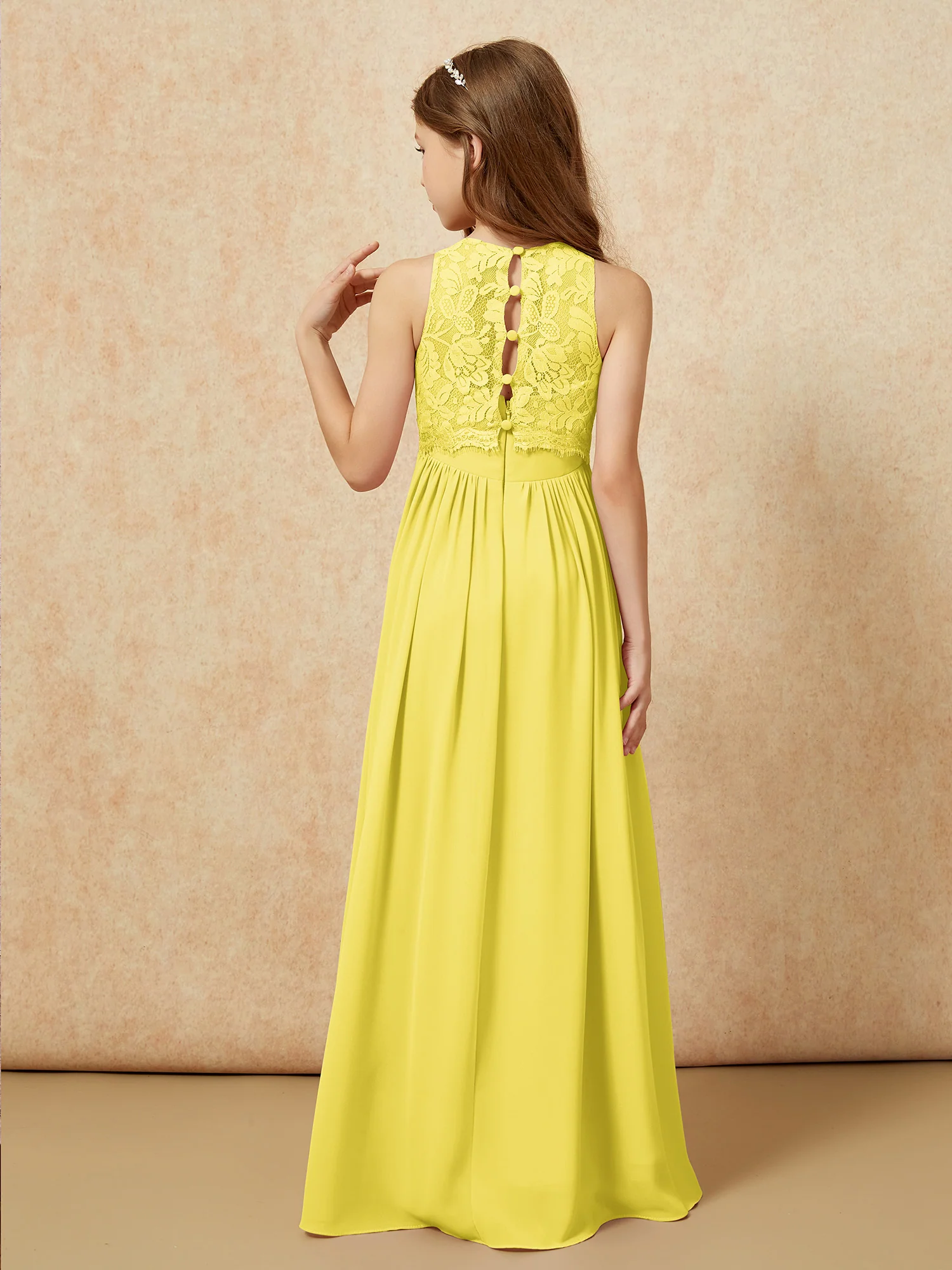 Sleeveless Lace Chiffon A-line Junior Bridesmaid Dress Lemon - Image 2