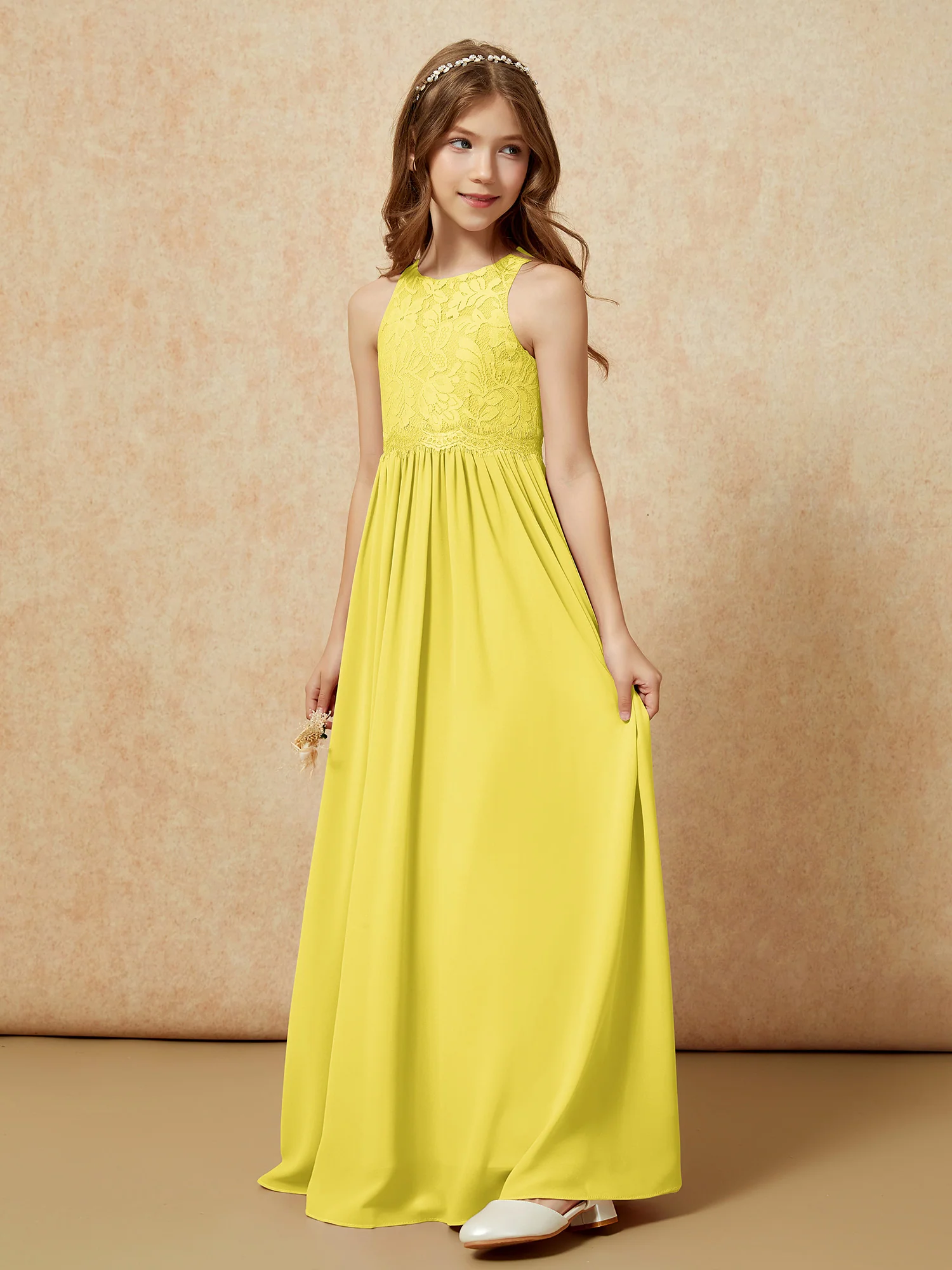 Sleeveless Lace Chiffon A-line Junior Bridesmaid Dress Lemon - Image 3
