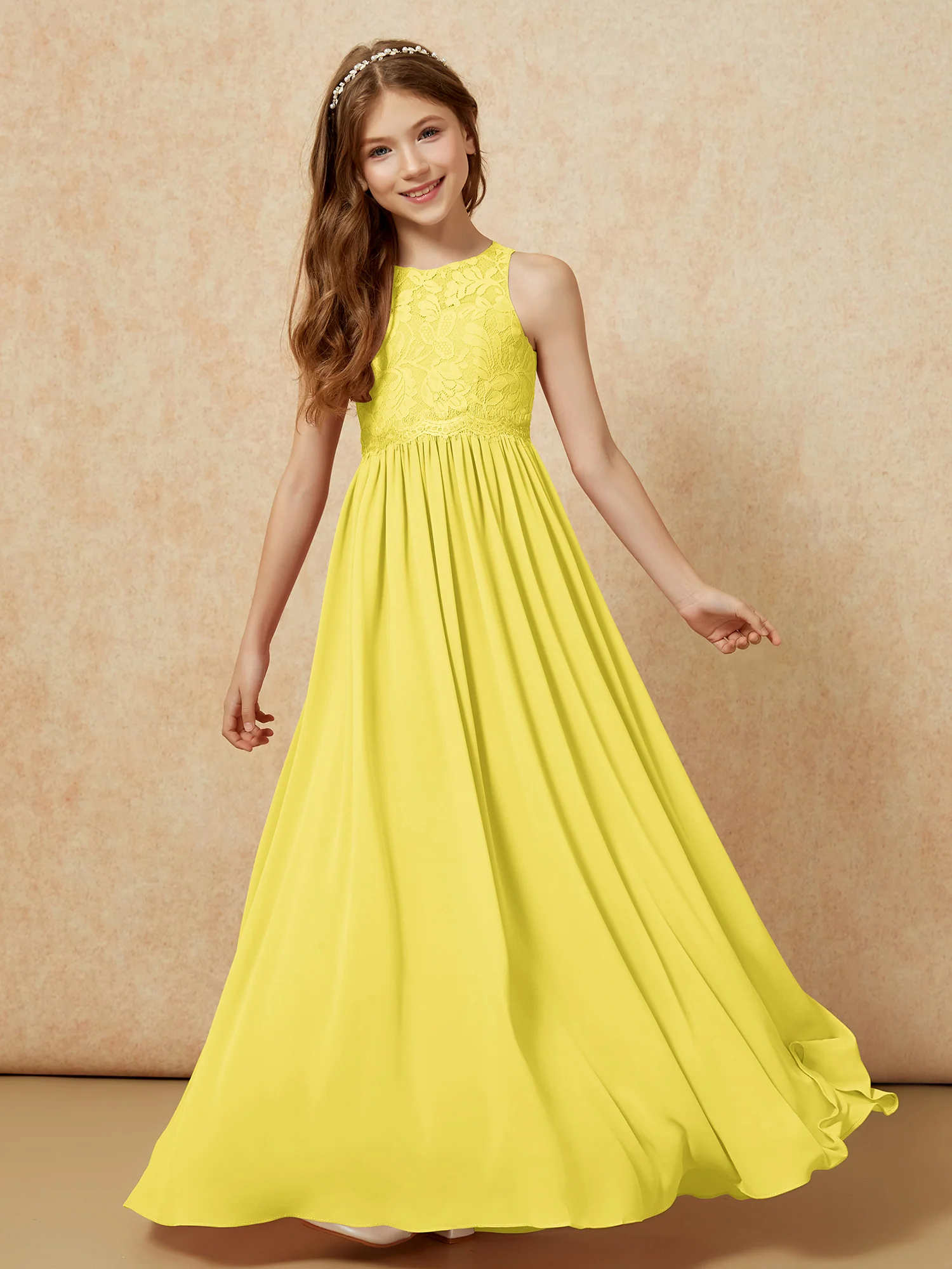 Sleeveless Lace Chiffon A-line Junior Bridesmaid Dress Lemon - Image 4