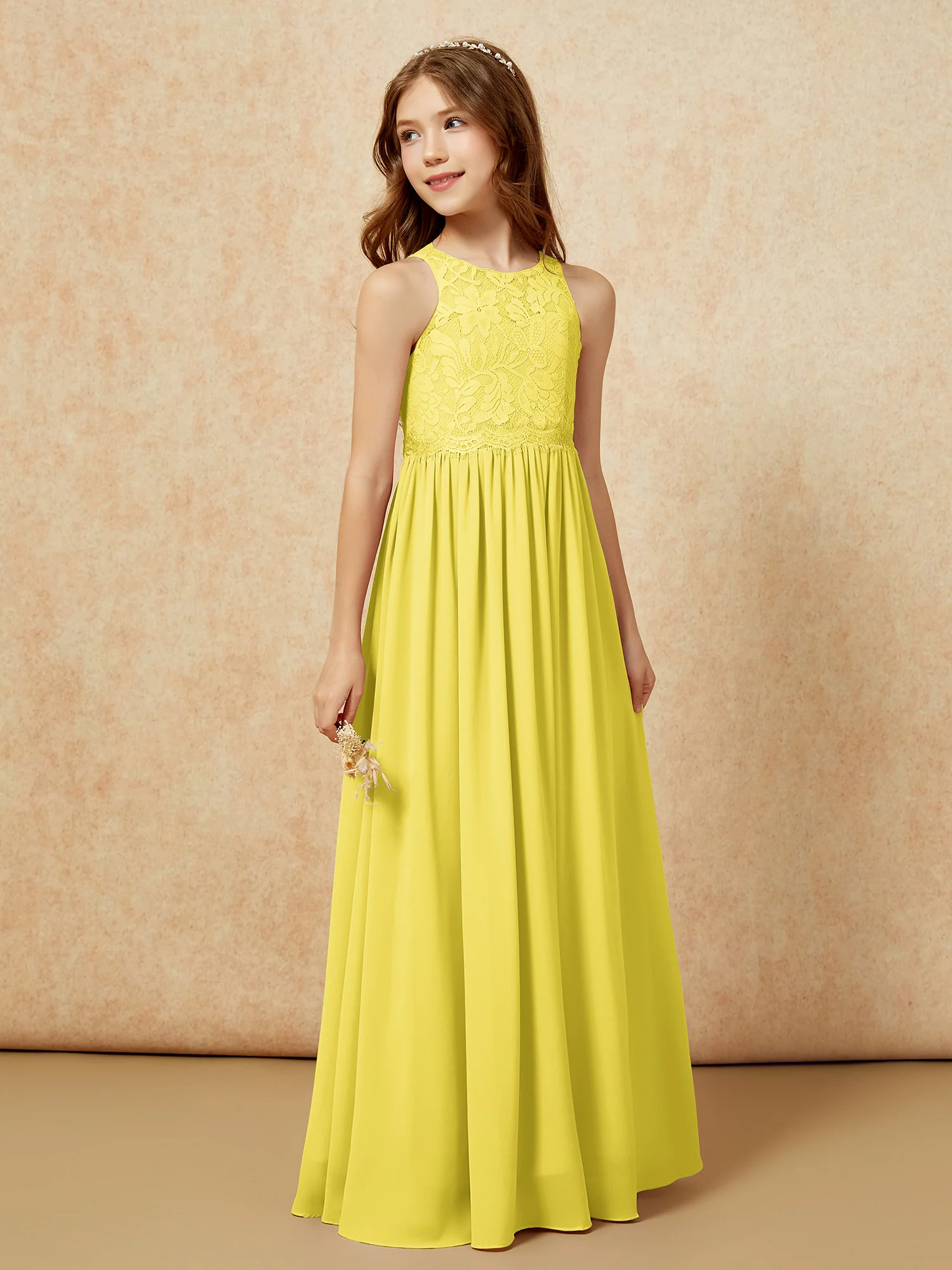 Sleeveless Lace Chiffon A-line Junior Bridesmaid Dress Lemon - Image 5