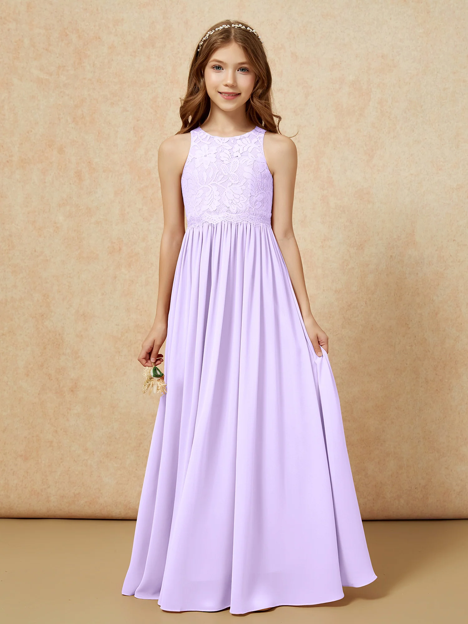 Sleeveless Lace Chiffon A-line Junior Bridesmaid Dress Lilac