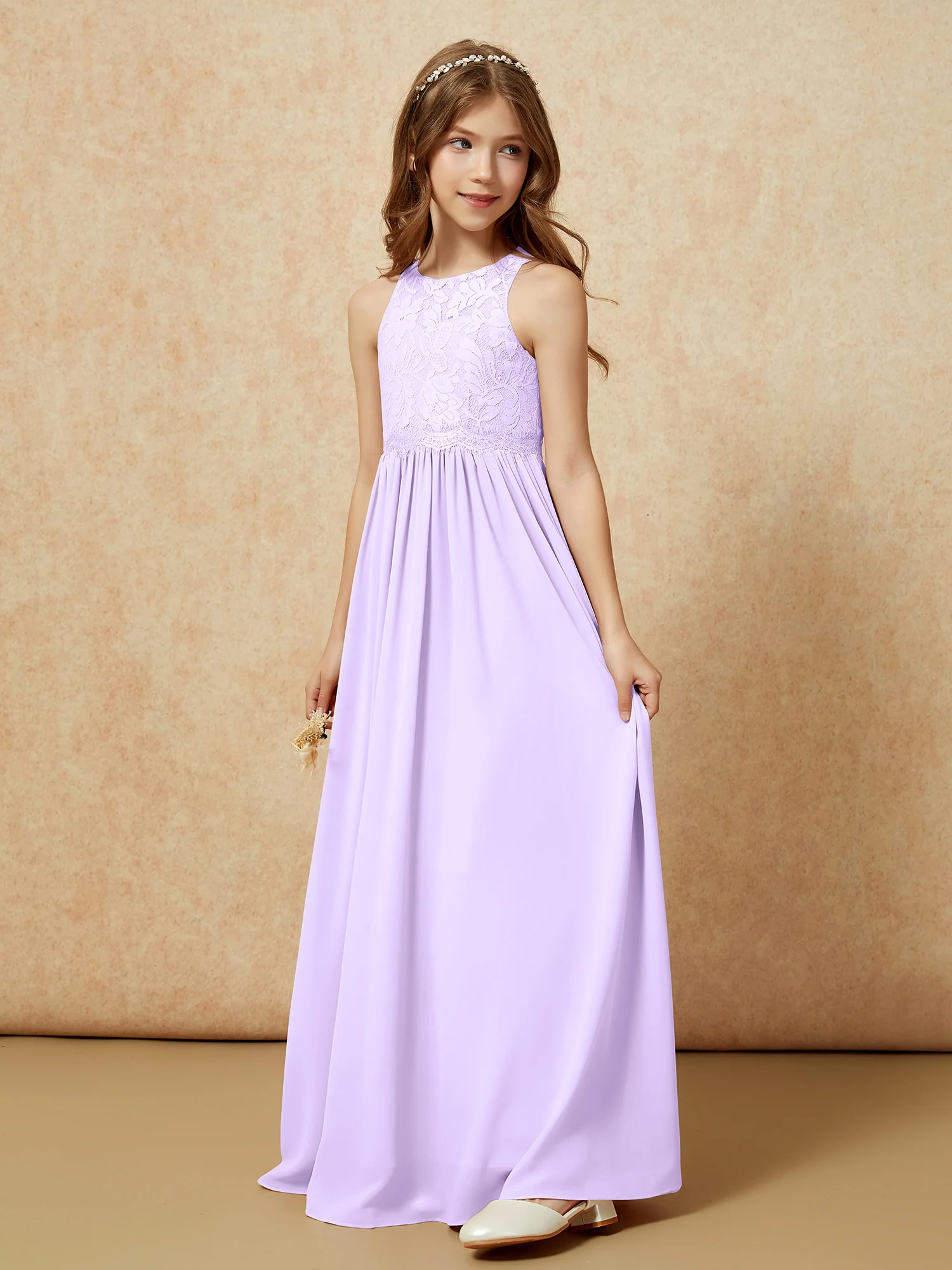 Sleeveless Lace Chiffon A-line Junior Bridesmaid Dress Lilac - Image 3