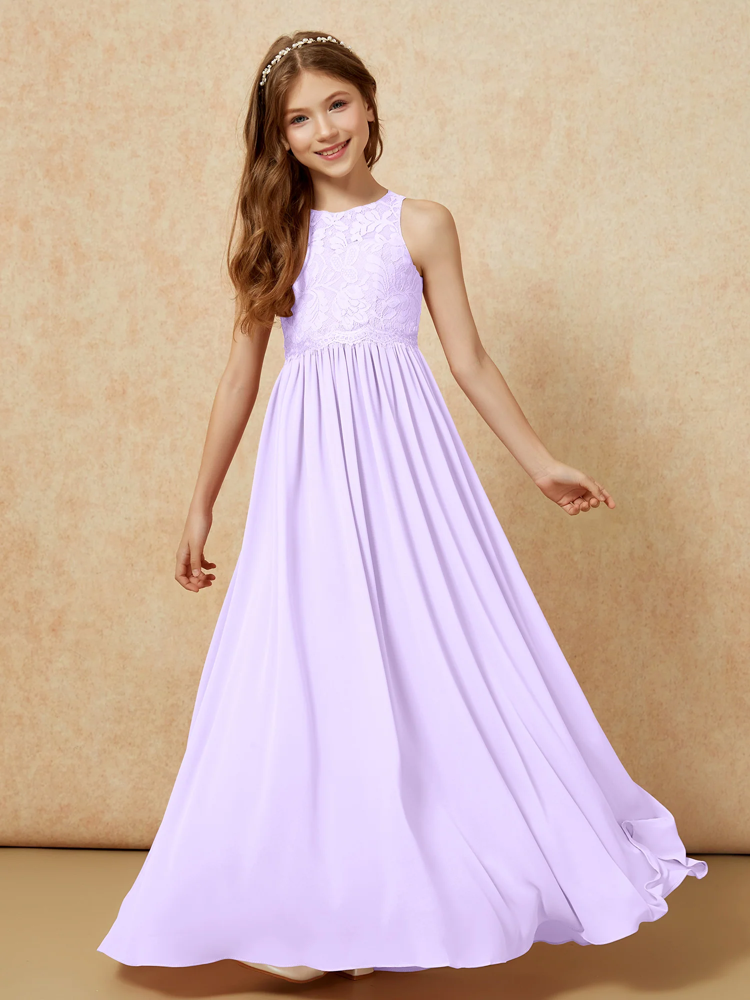 Sleeveless Lace Chiffon A-line Junior Bridesmaid Dress Lilac - Image 4