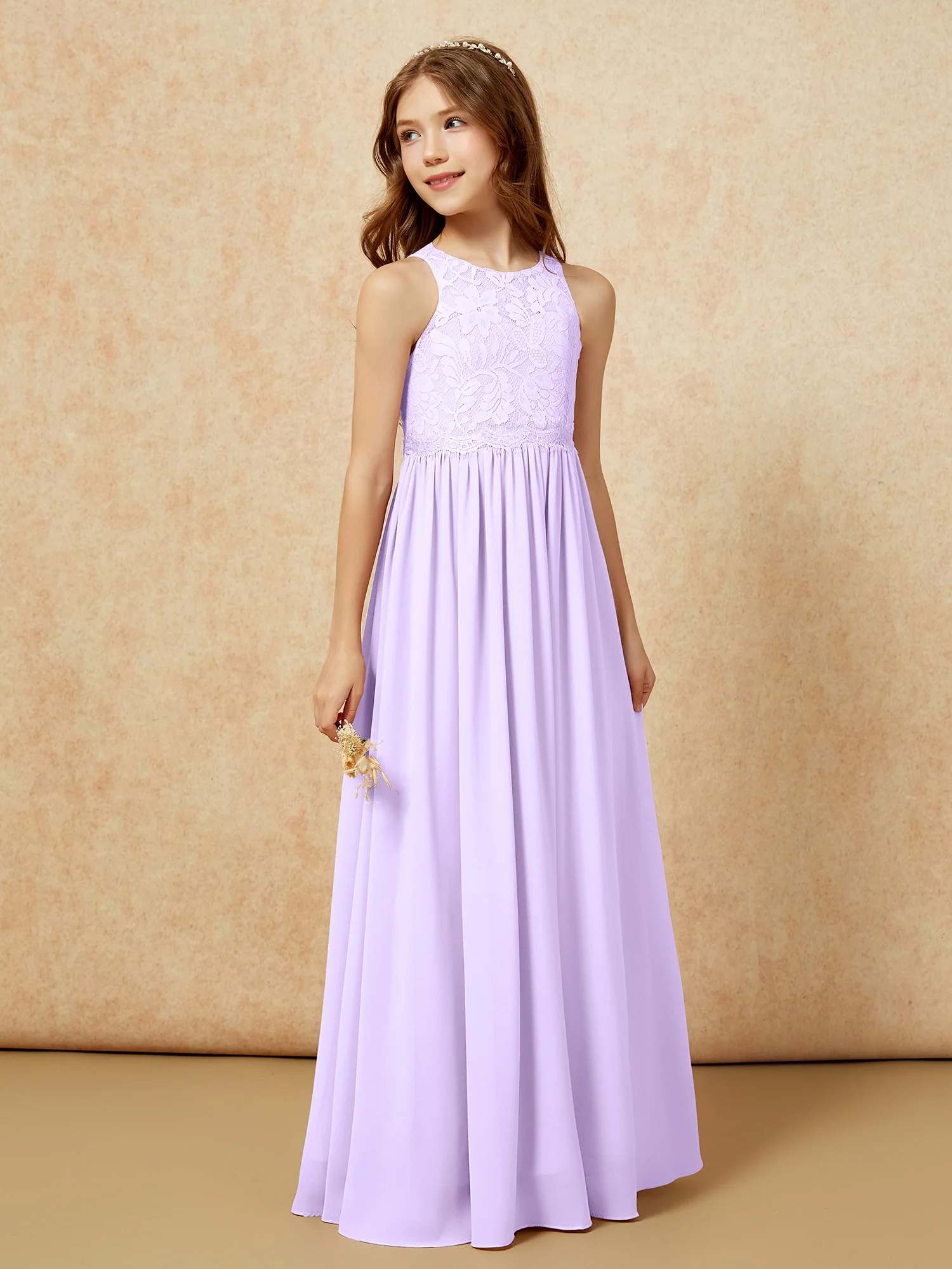 Sleeveless Lace Chiffon A-line Junior Bridesmaid Dress Lilac - Image 5