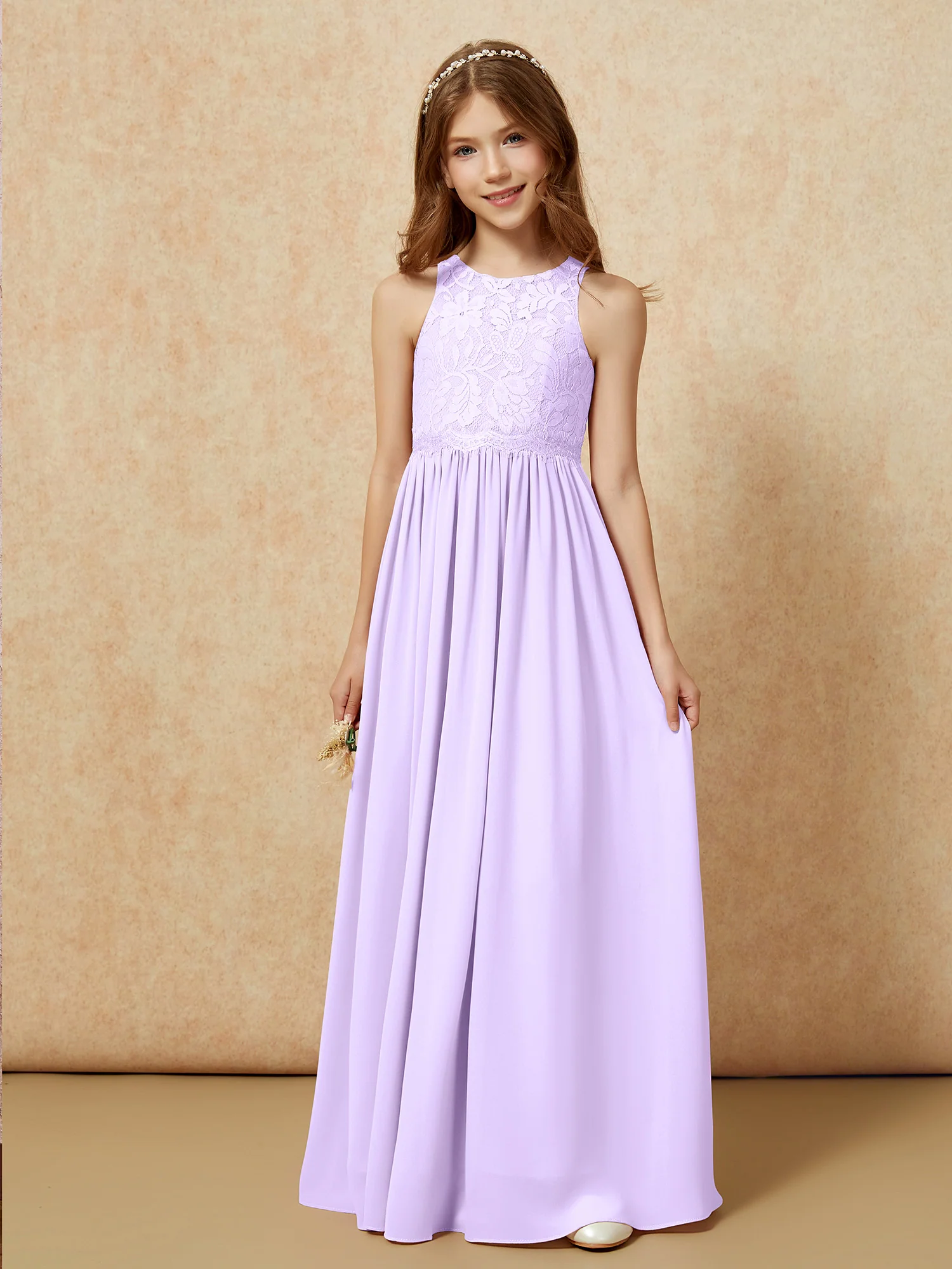 Sleeveless Lace Chiffon A-line Junior Bridesmaid Dress Lilac - Image 6