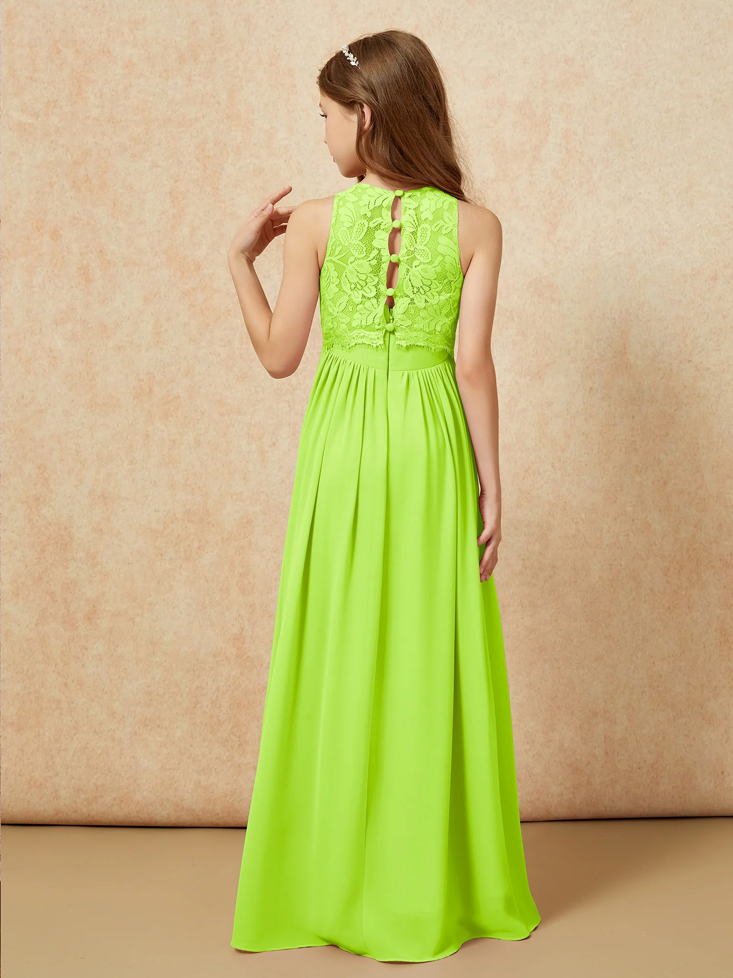 Sleeveless Lace Chiffon A-line Junior Bridesmaid Dress Lime Green - Image 2