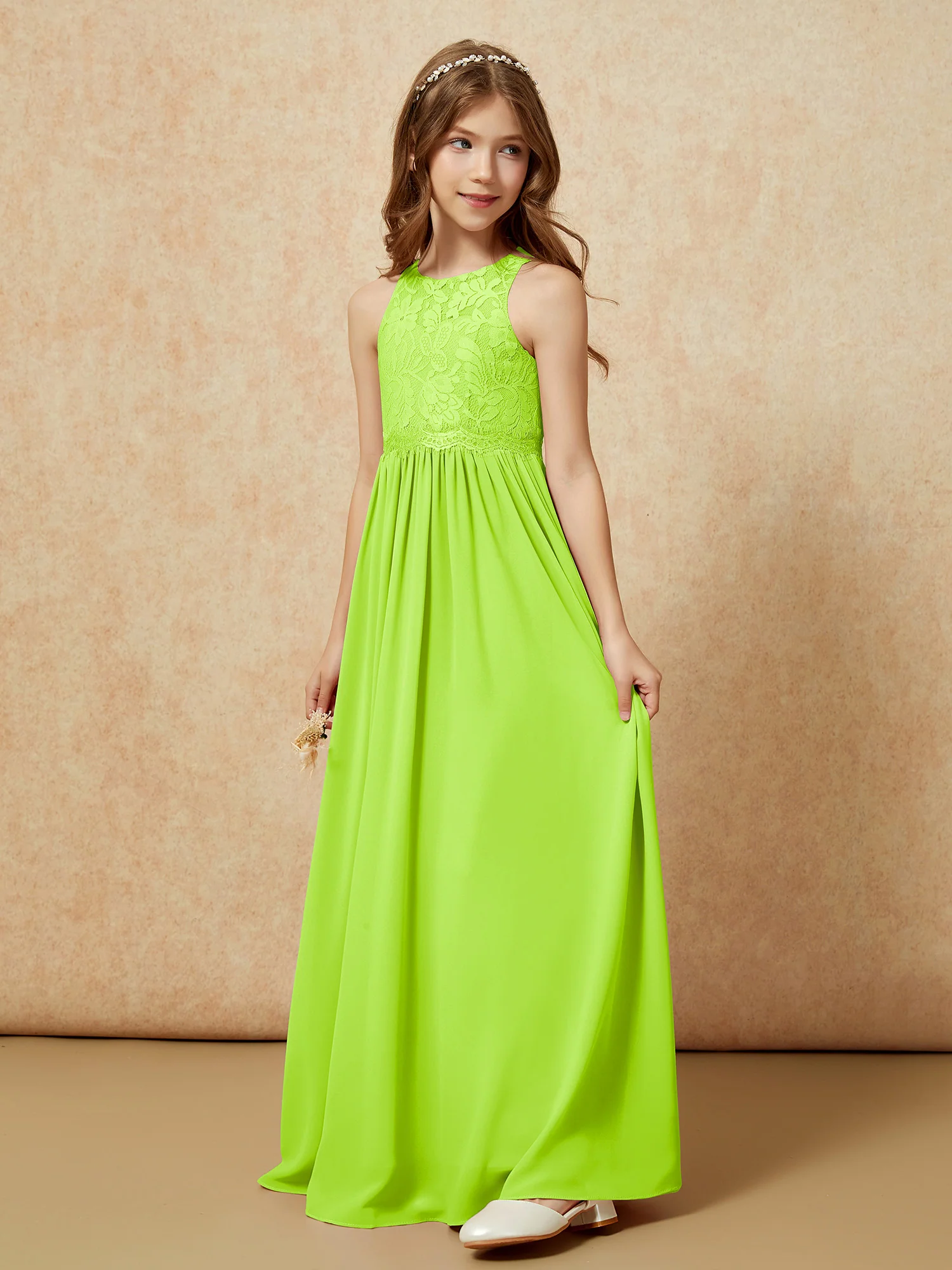 Sleeveless Lace Chiffon A-line Junior Bridesmaid Dress Lime Green - Image 3