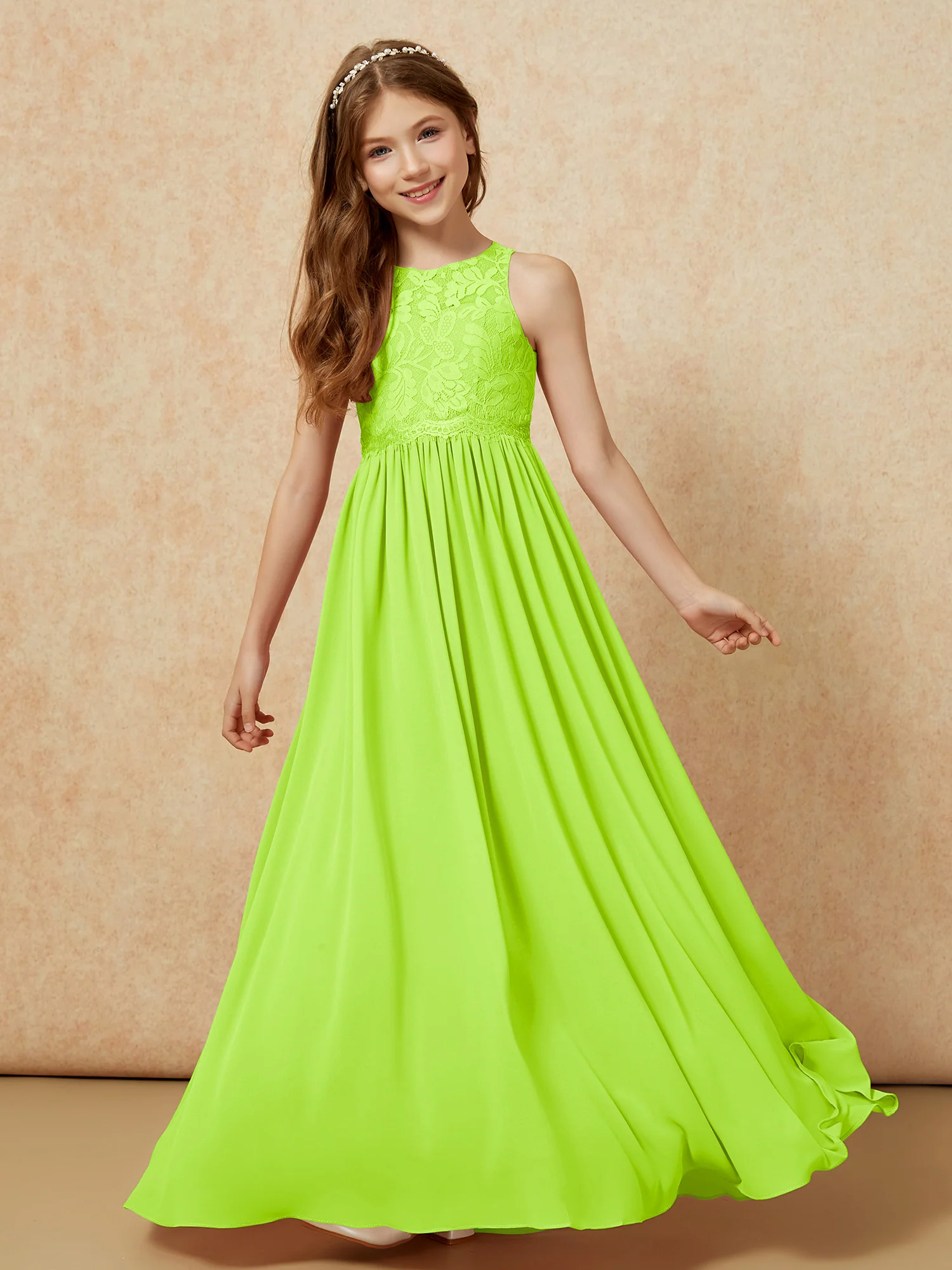 Sleeveless Lace Chiffon A-line Junior Bridesmaid Dress Lime Green - Image 4