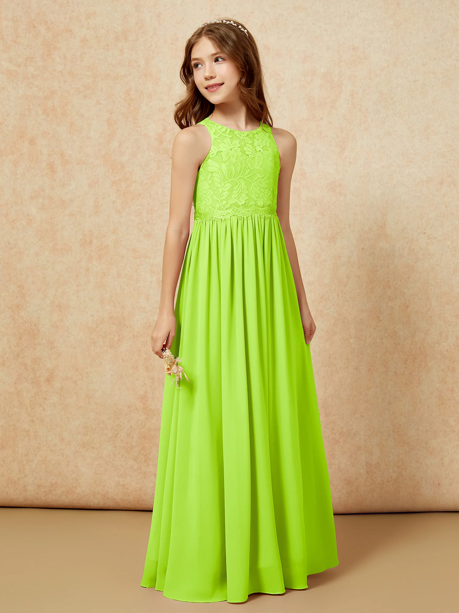 Sleeveless Lace Chiffon A-line Junior Bridesmaid Dress Lime Green - Image 5