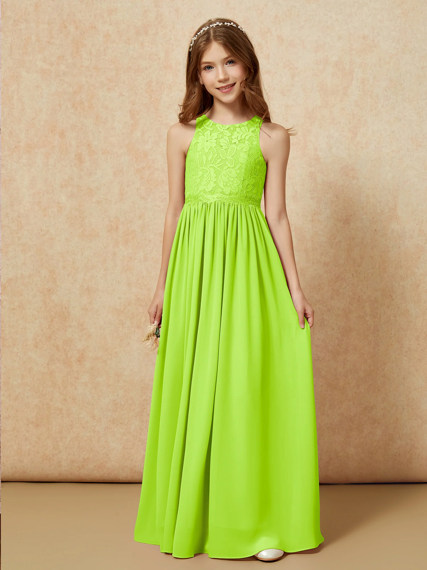Sleeveless Lace Chiffon A-line Junior Bridesmaid Dress Lime Green - Image 6