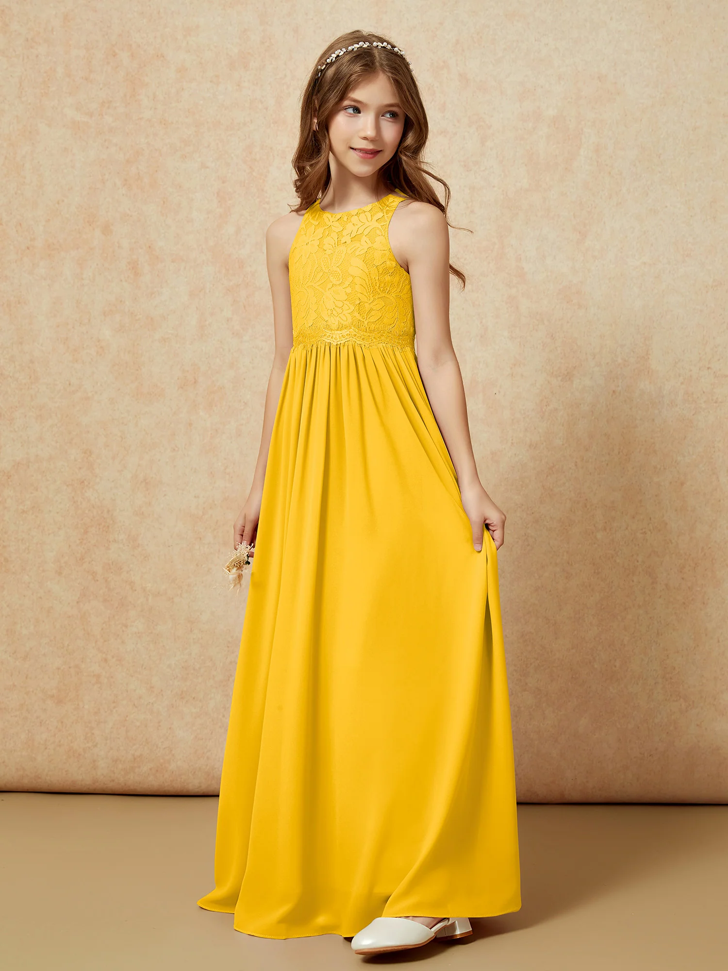 Sleeveless Lace Chiffon A-line Junior Bridesmaid Dress Marigold - Image 3