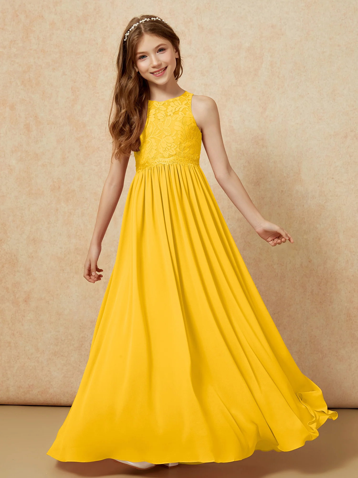 Sleeveless Lace Chiffon A-line Junior Bridesmaid Dress Marigold - Image 4