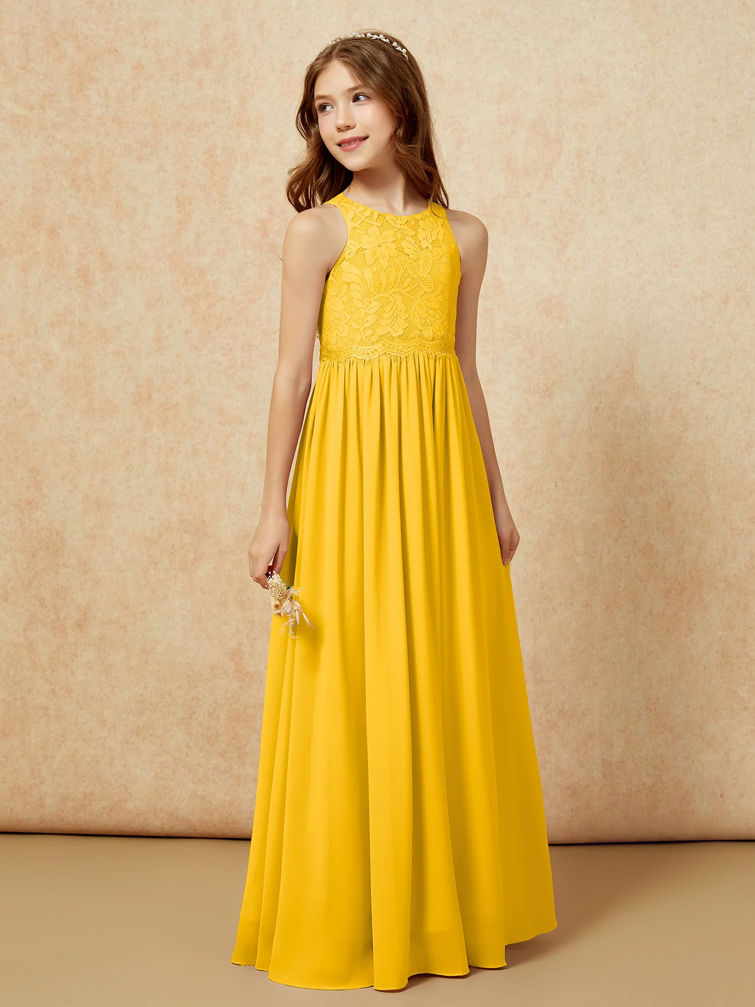Sleeveless Lace Chiffon A-line Junior Bridesmaid Dress Marigold - Image 5