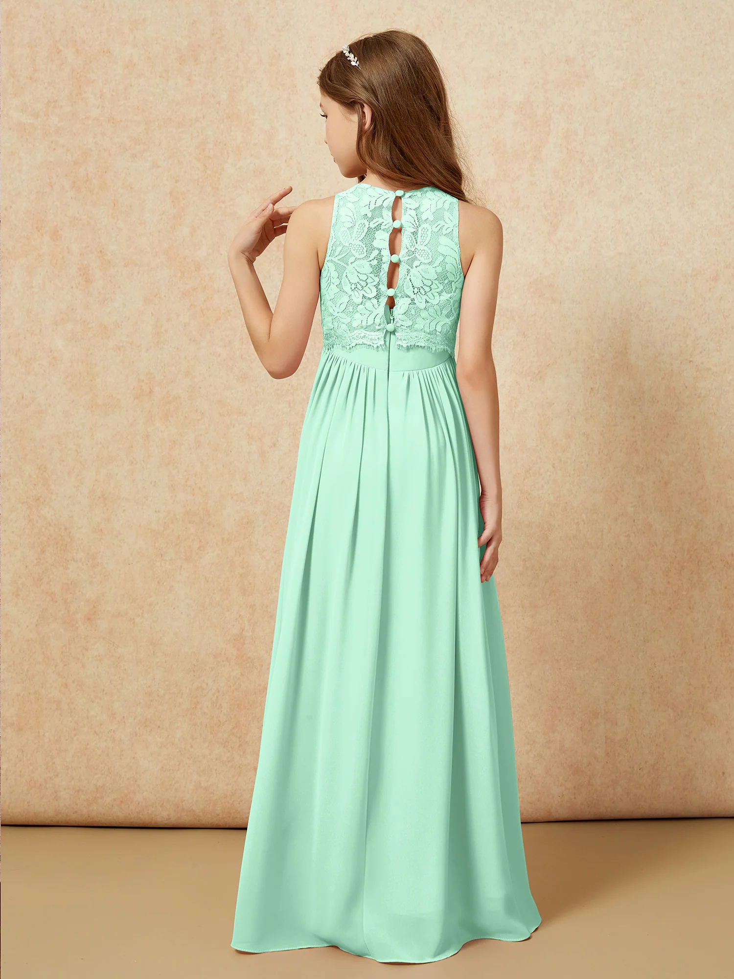 Sleeveless Lace Chiffon A-line Junior Bridesmaid Dress Mint Green - Image 2