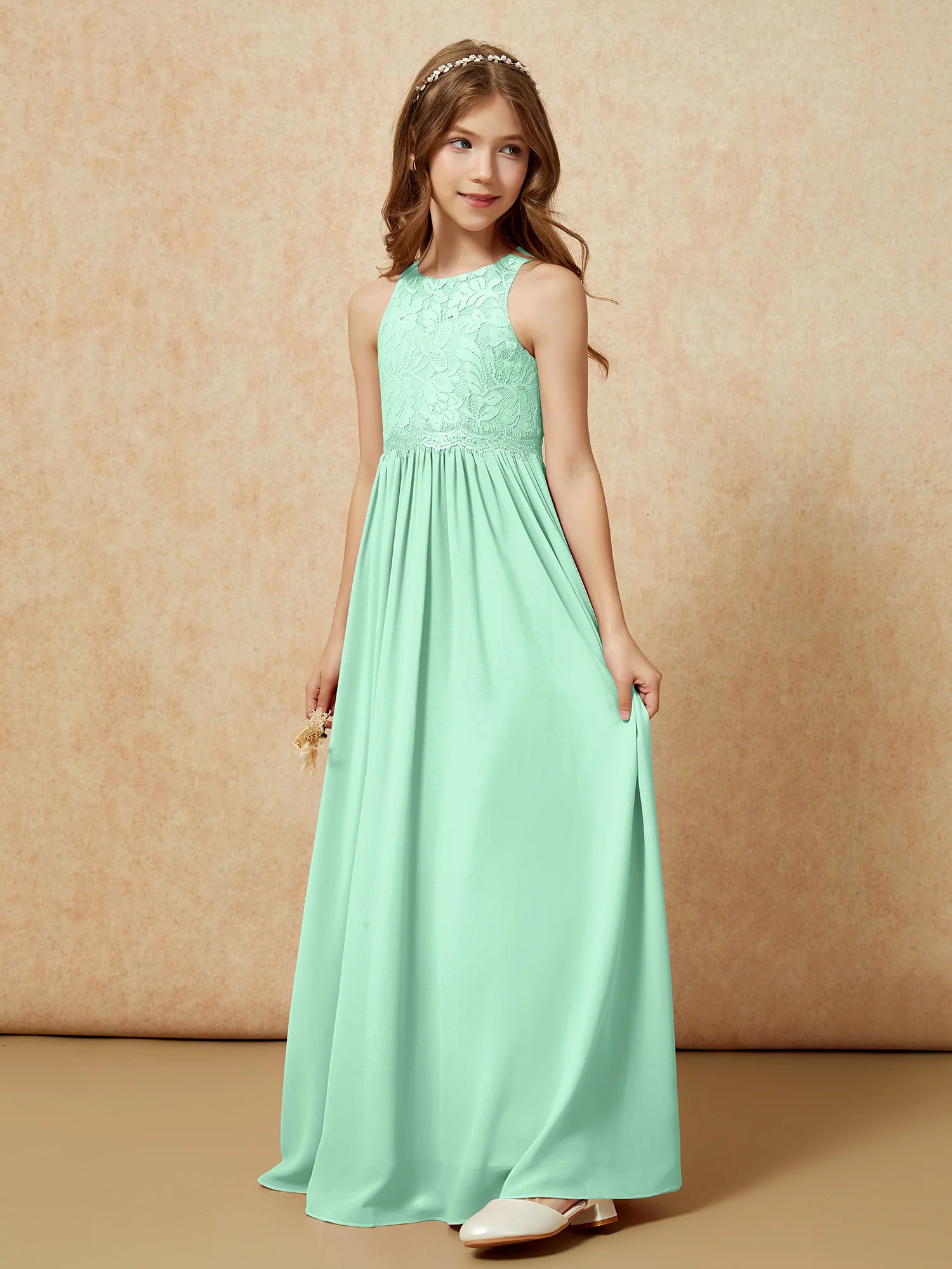 Sleeveless Lace Chiffon A-line Junior Bridesmaid Dress Mint Green - Image 3