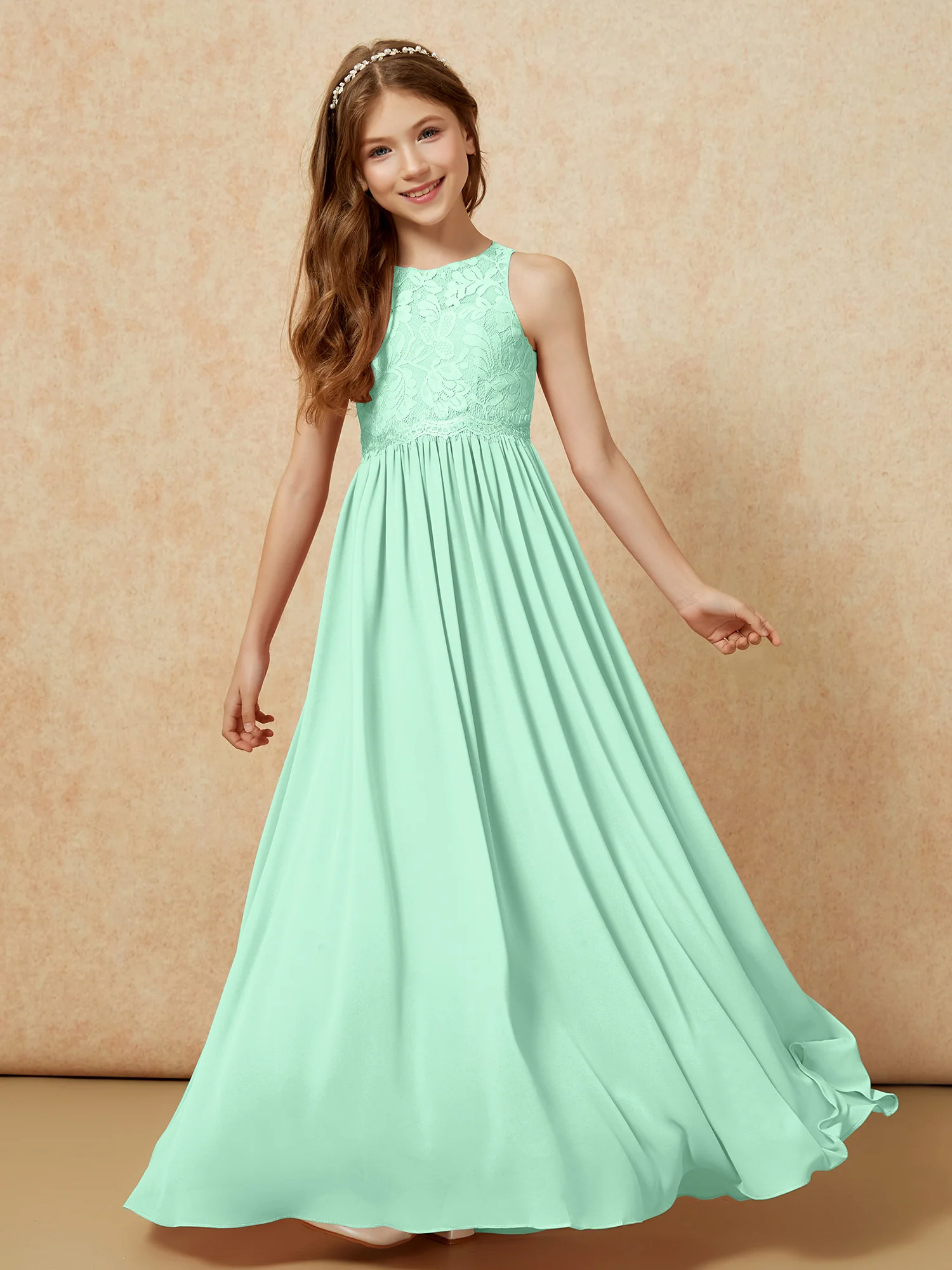 Sleeveless Lace Chiffon A-line Junior Bridesmaid Dress Mint Green - Image 4