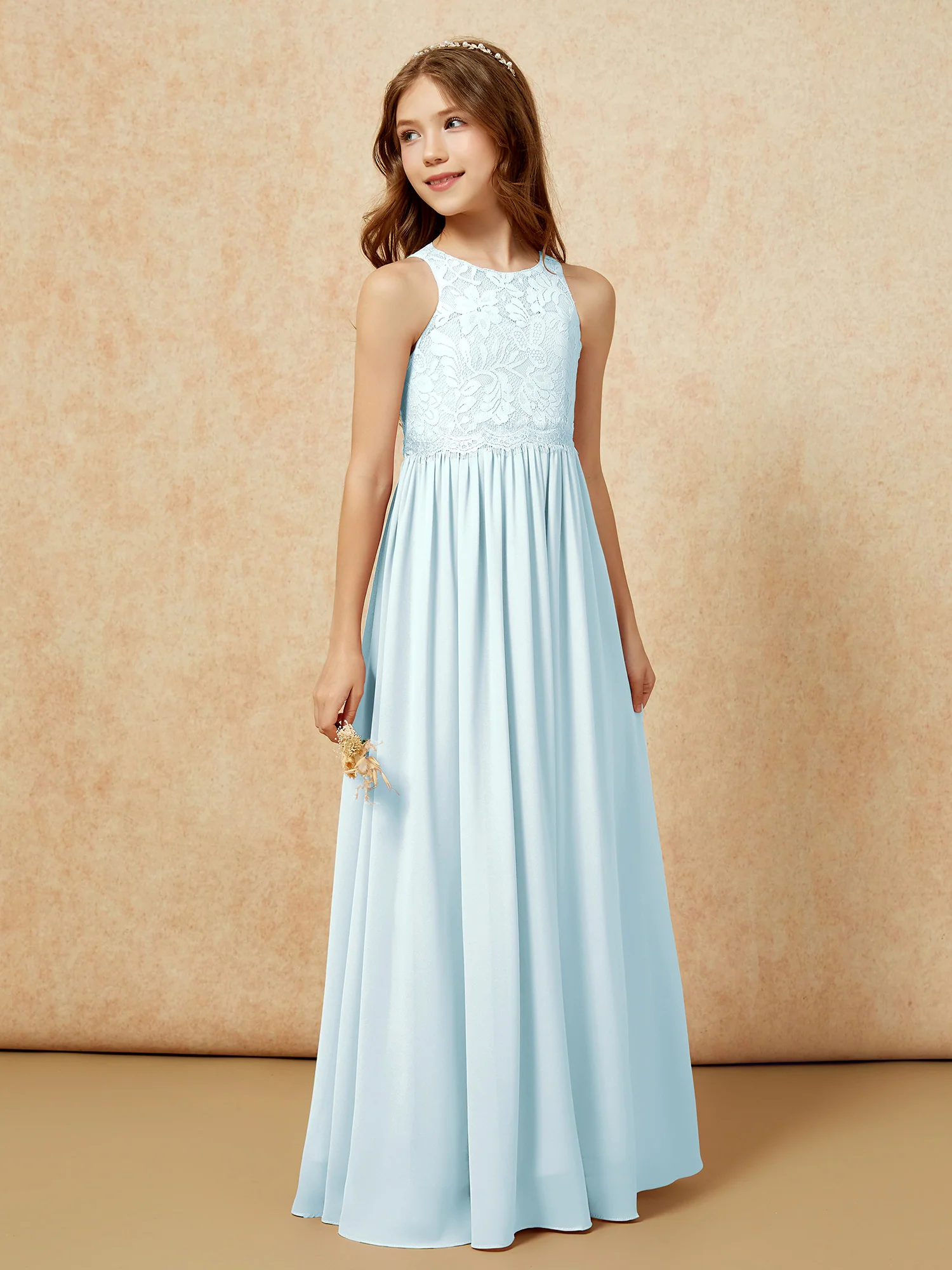 Sleeveless Lace Chiffon A-line Junior Bridesmaid Dress Mist - Image 5
