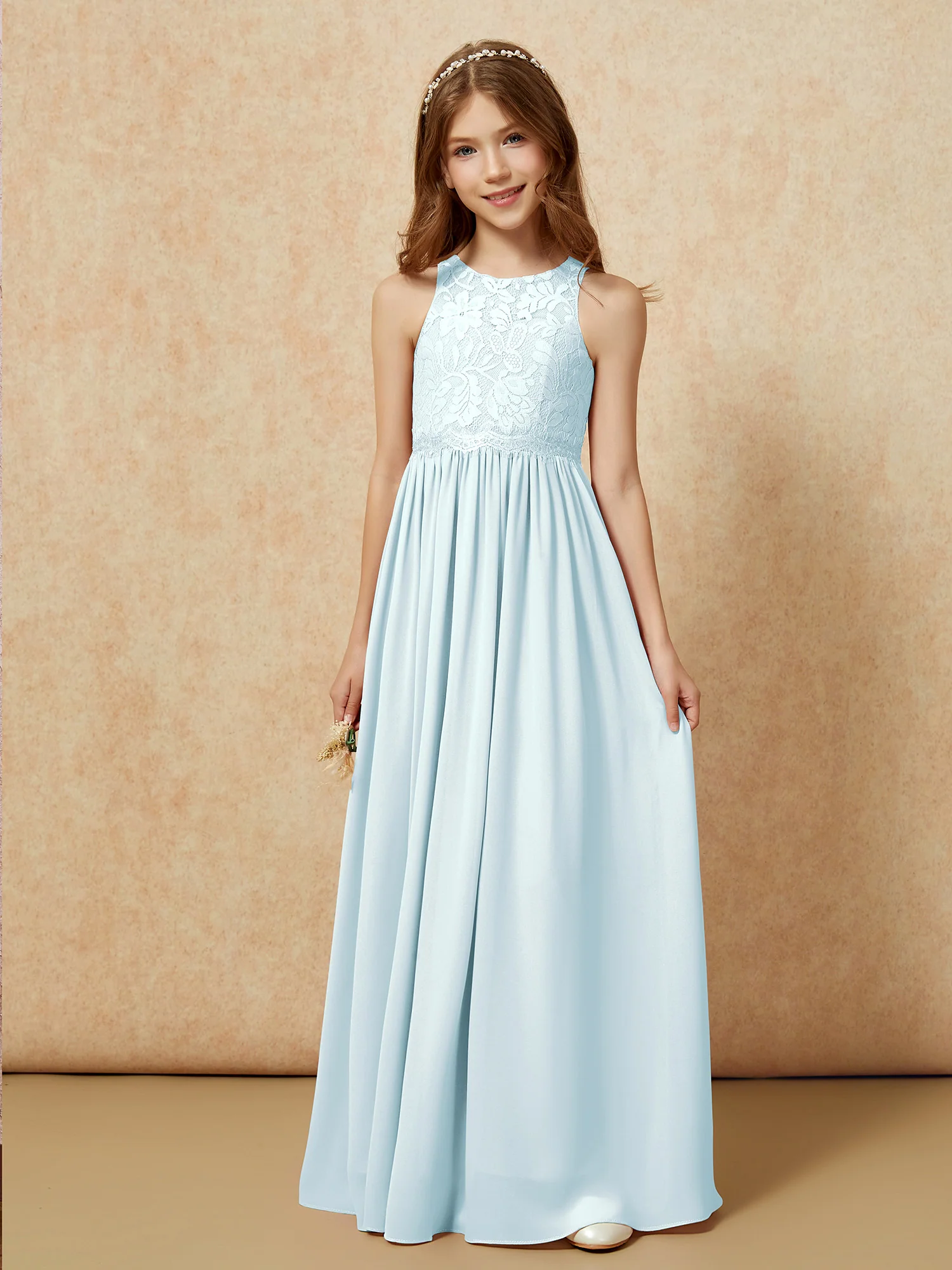 Sleeveless Lace Chiffon A-line Junior Bridesmaid Dress Mist - Image 6