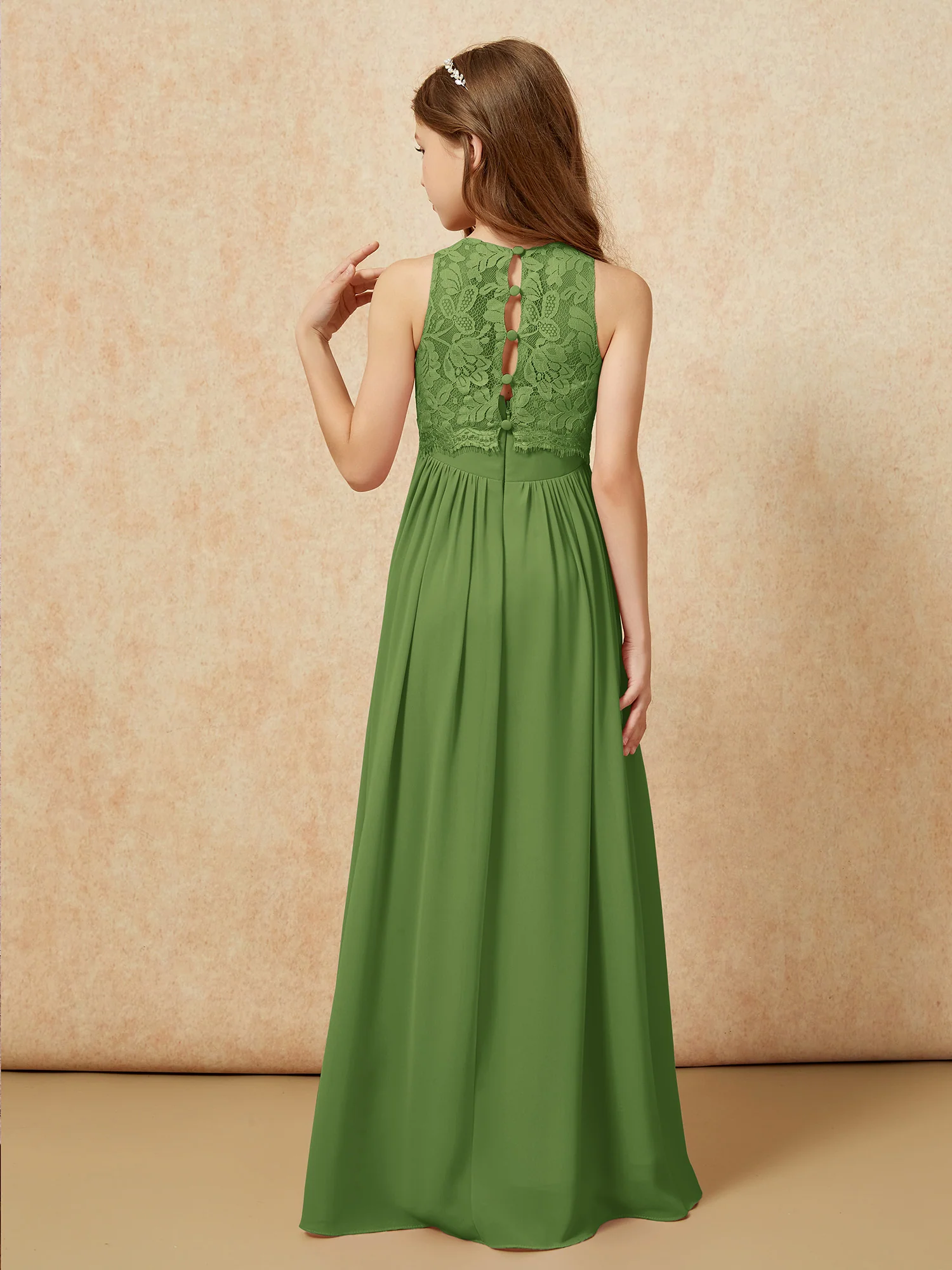 Sleeveless Lace Chiffon A-line Junior Bridesmaid Dress Moss - Image 2