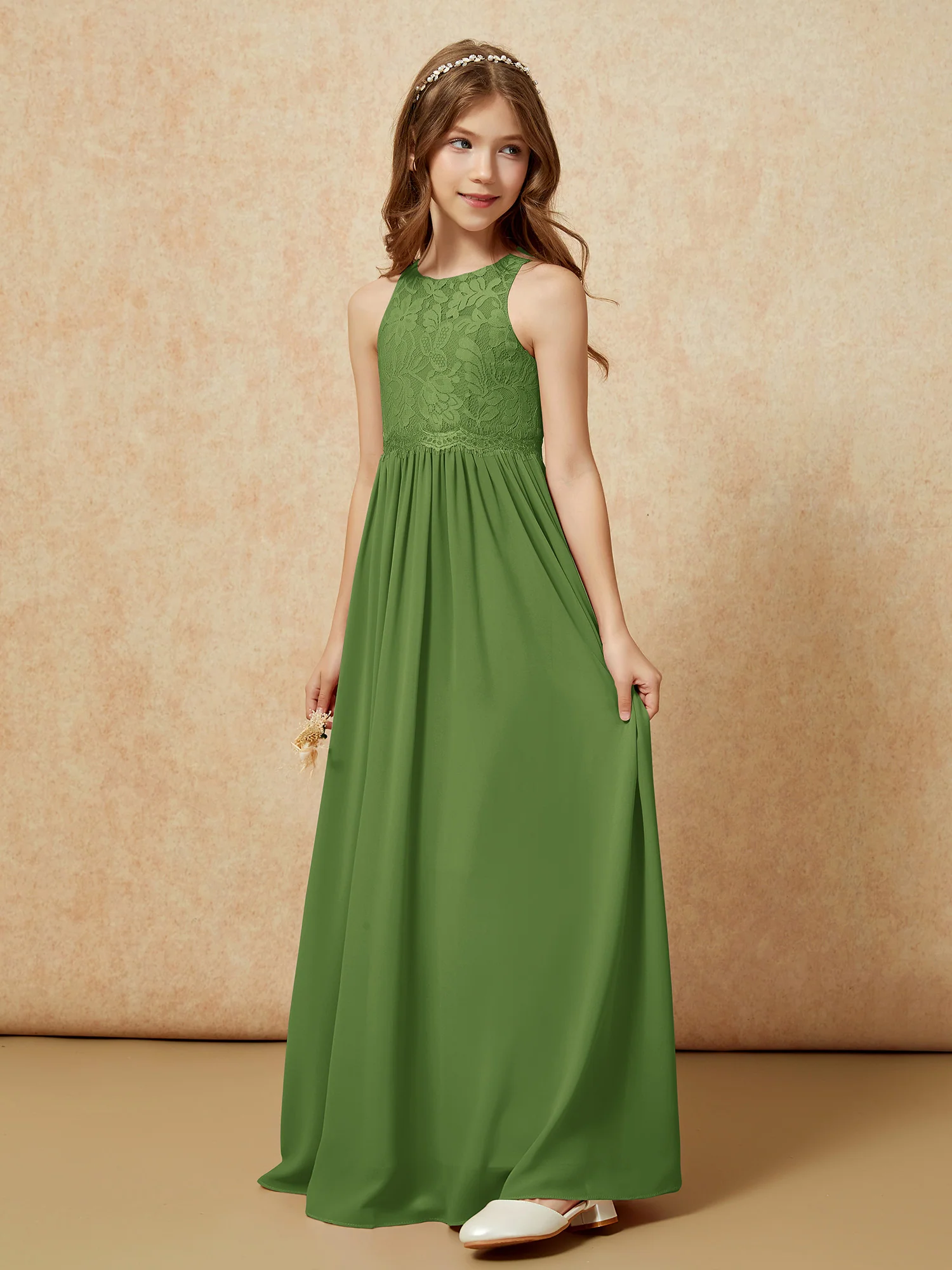 Sleeveless Lace Chiffon A-line Junior Bridesmaid Dress Moss - Image 3