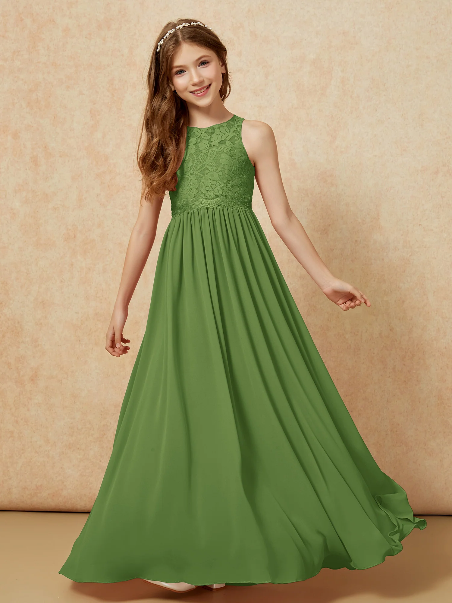 Sleeveless Lace Chiffon A-line Junior Bridesmaid Dress Moss - Image 4