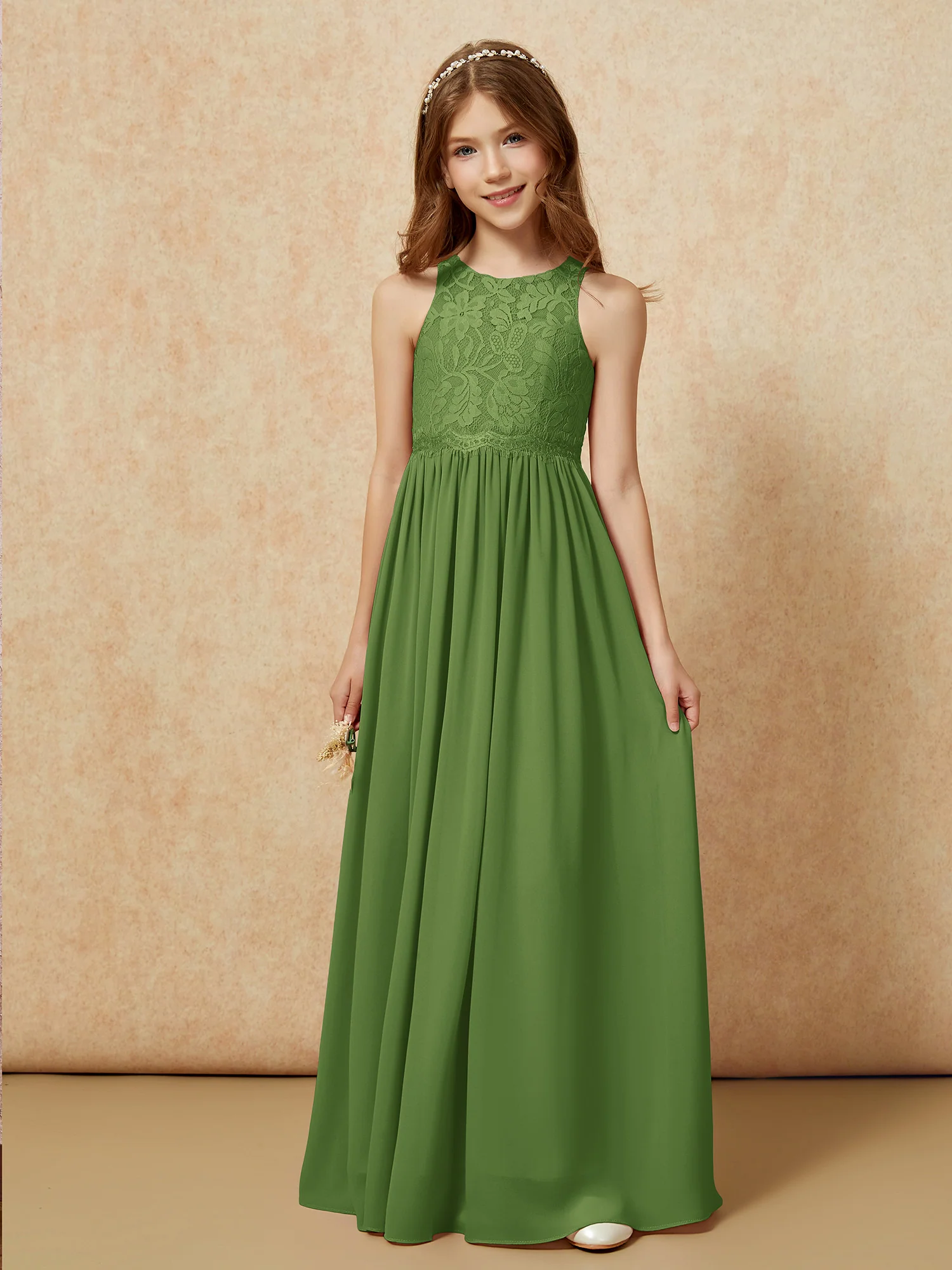 Sleeveless Lace Chiffon A-line Junior Bridesmaid Dress Moss - Image 6
