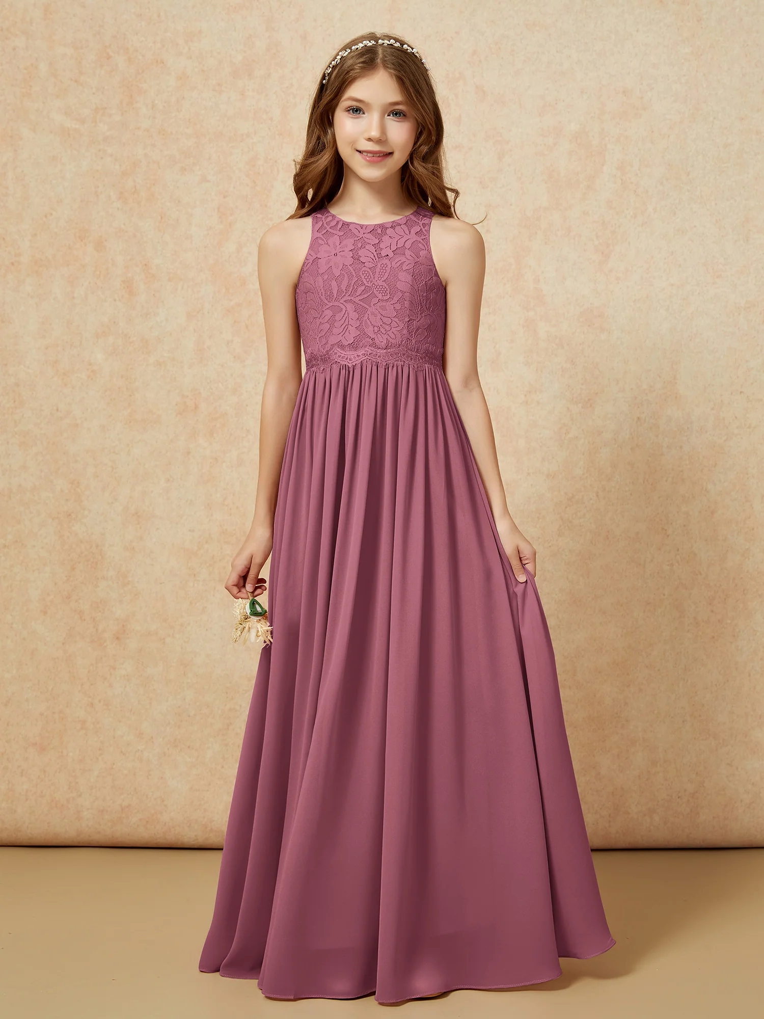 Sleeveless Lace Chiffon A-line Junior Bridesmaid Dress Mulberry