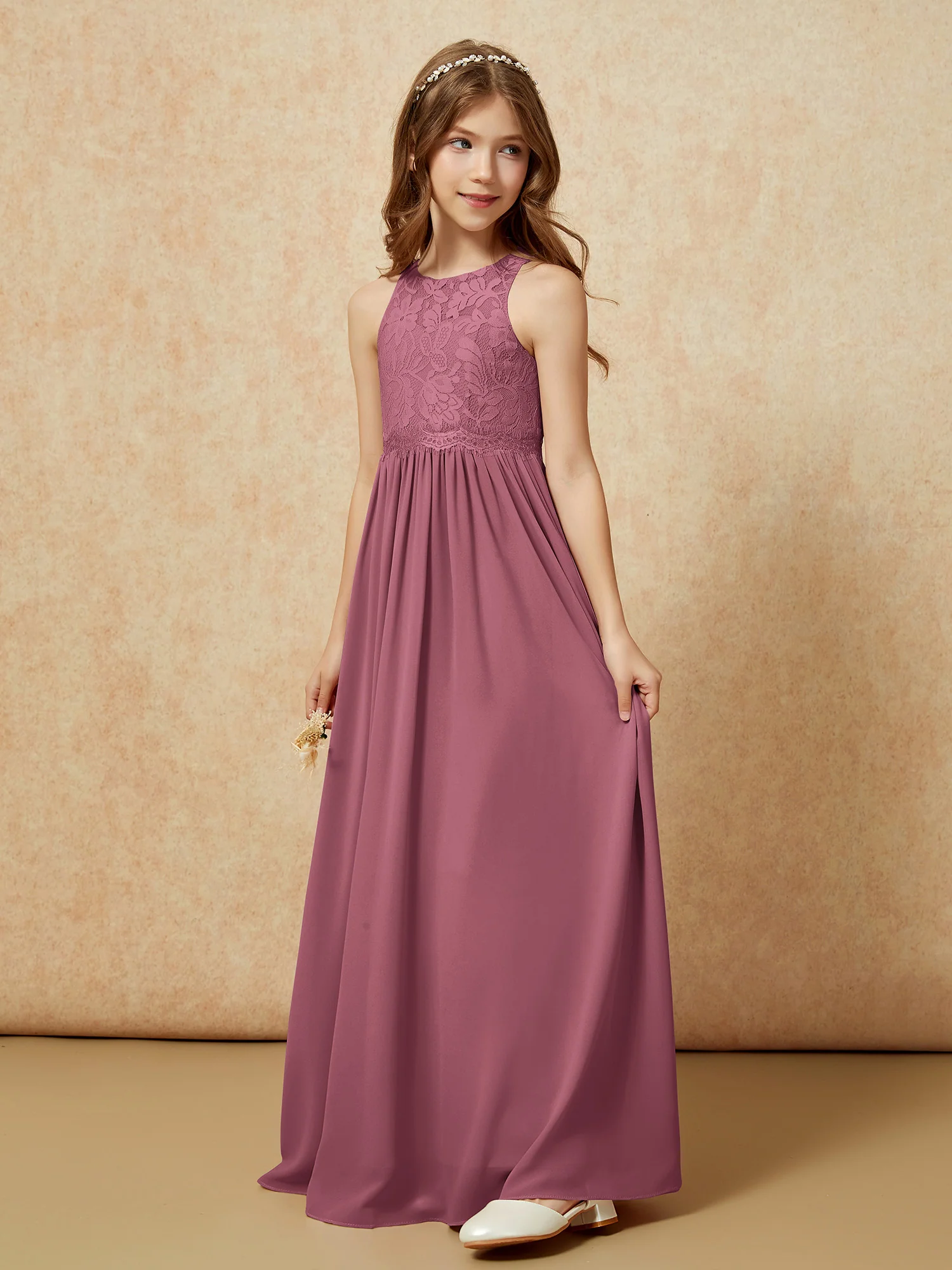 Sleeveless Lace Chiffon A-line Junior Bridesmaid Dress Mulberry - Image 3