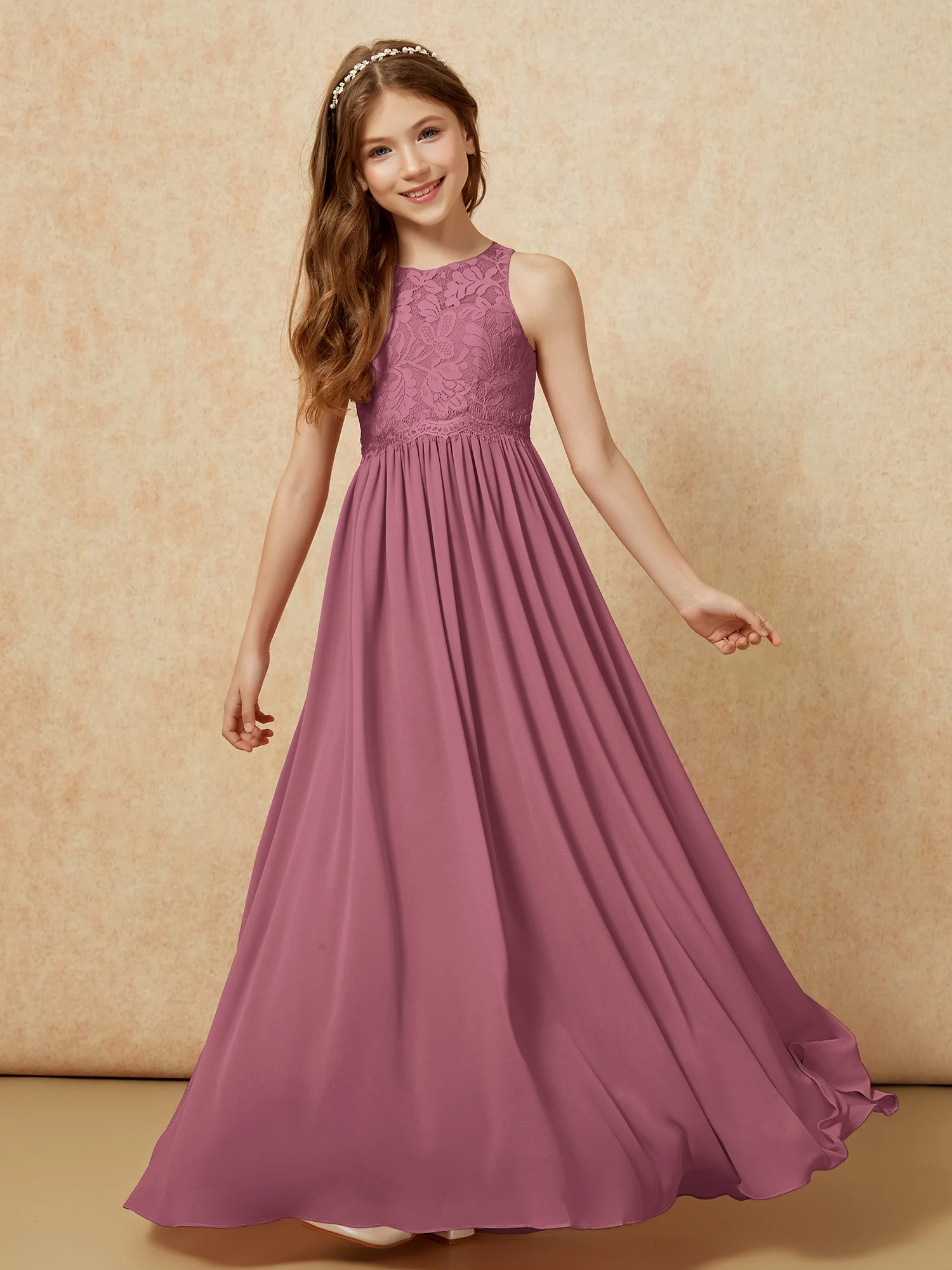 Sleeveless Lace Chiffon A-line Junior Bridesmaid Dress Mulberry - Image 4