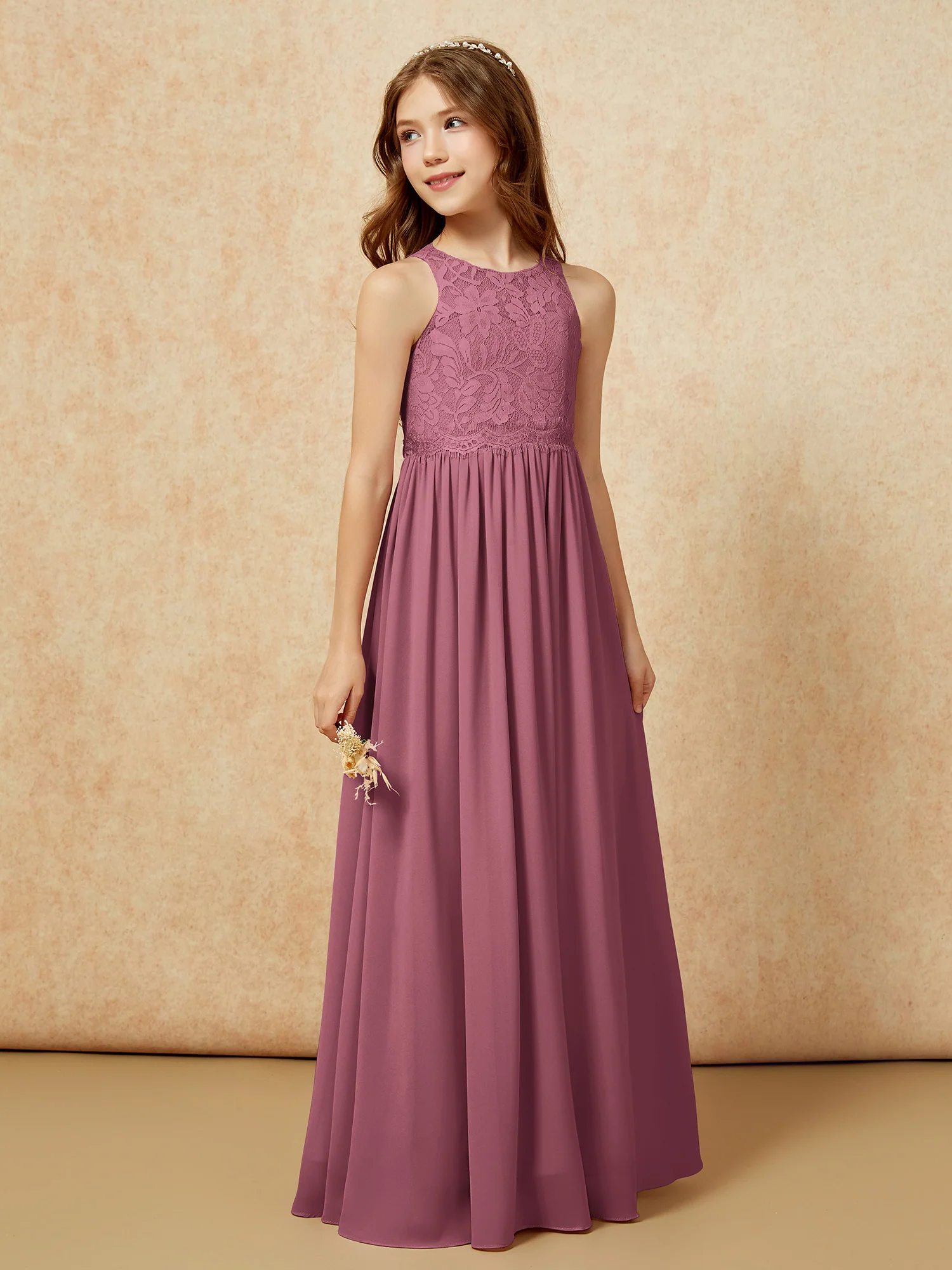 Sleeveless Lace Chiffon A-line Junior Bridesmaid Dress Mulberry - Image 5