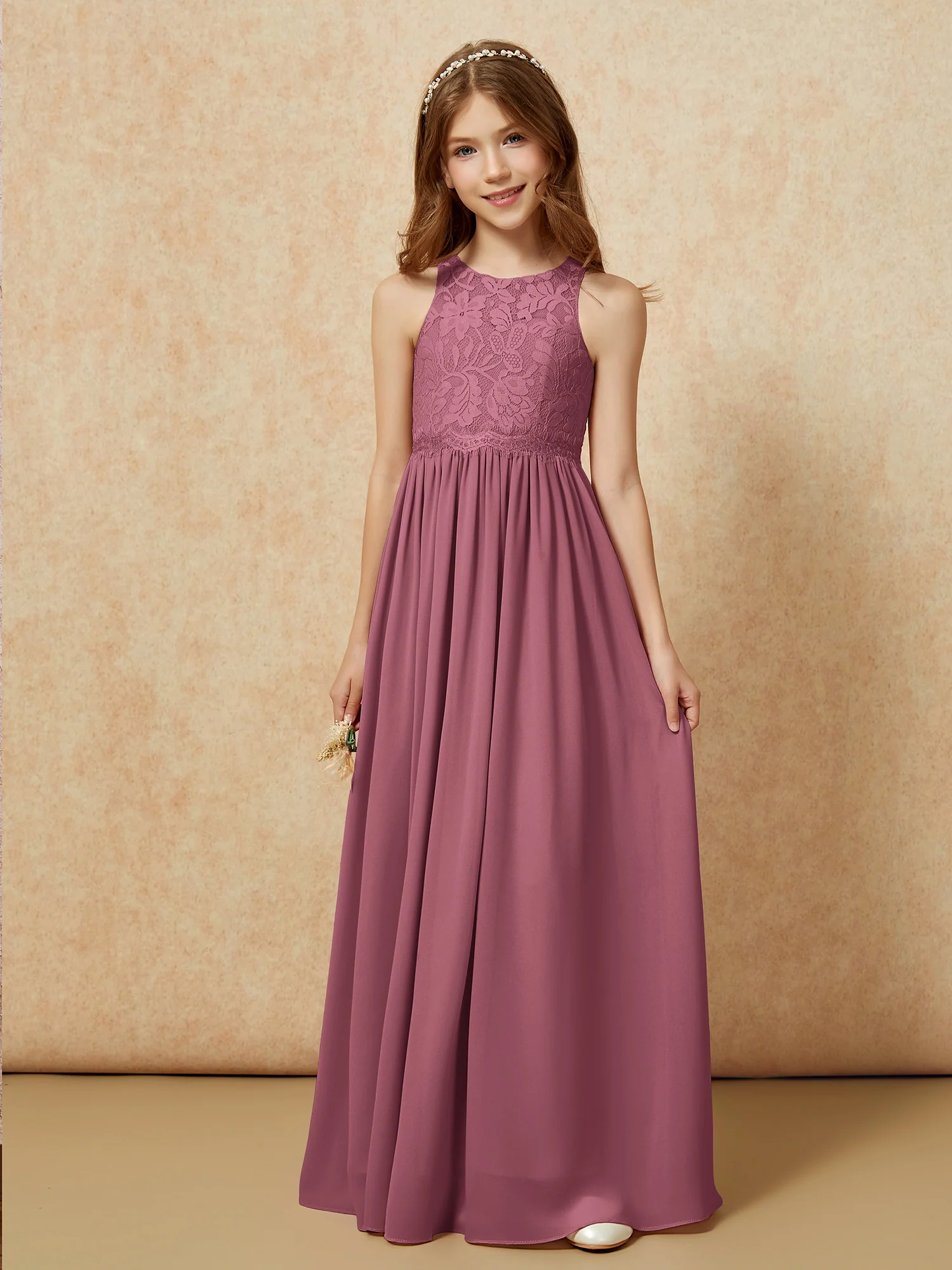 Sleeveless Lace Chiffon A-line Junior Bridesmaid Dress Mulberry - Image 6
