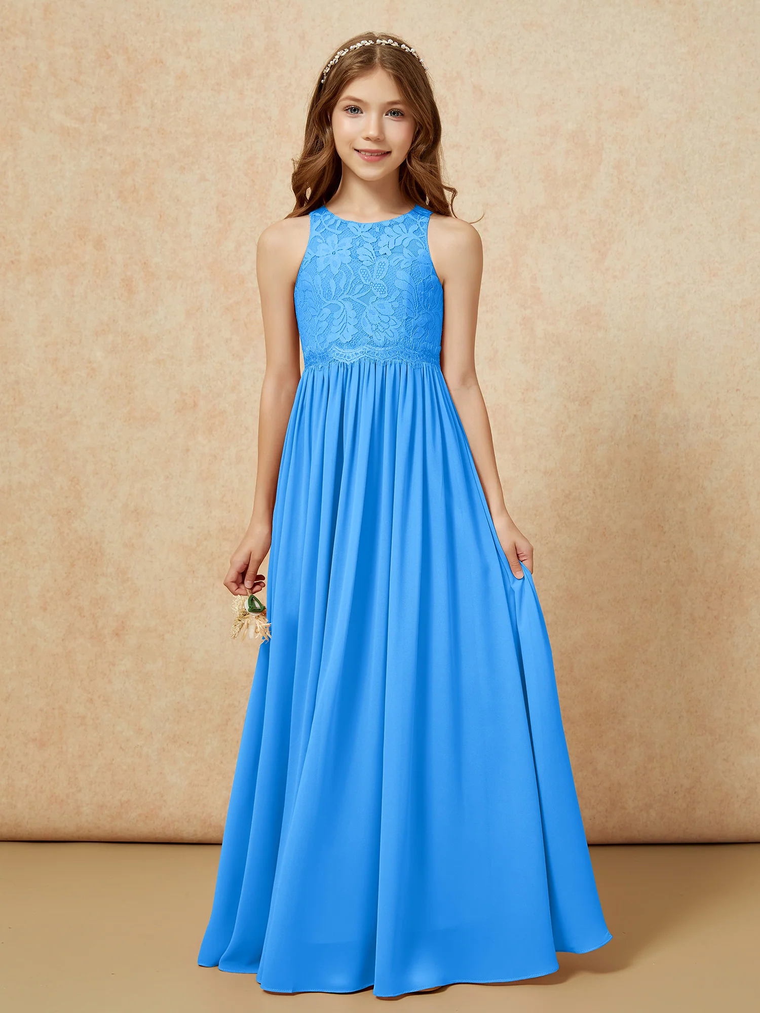 Sleeveless Lace Chiffon A-line Junior Bridesmaid Dress Ocean Blue
