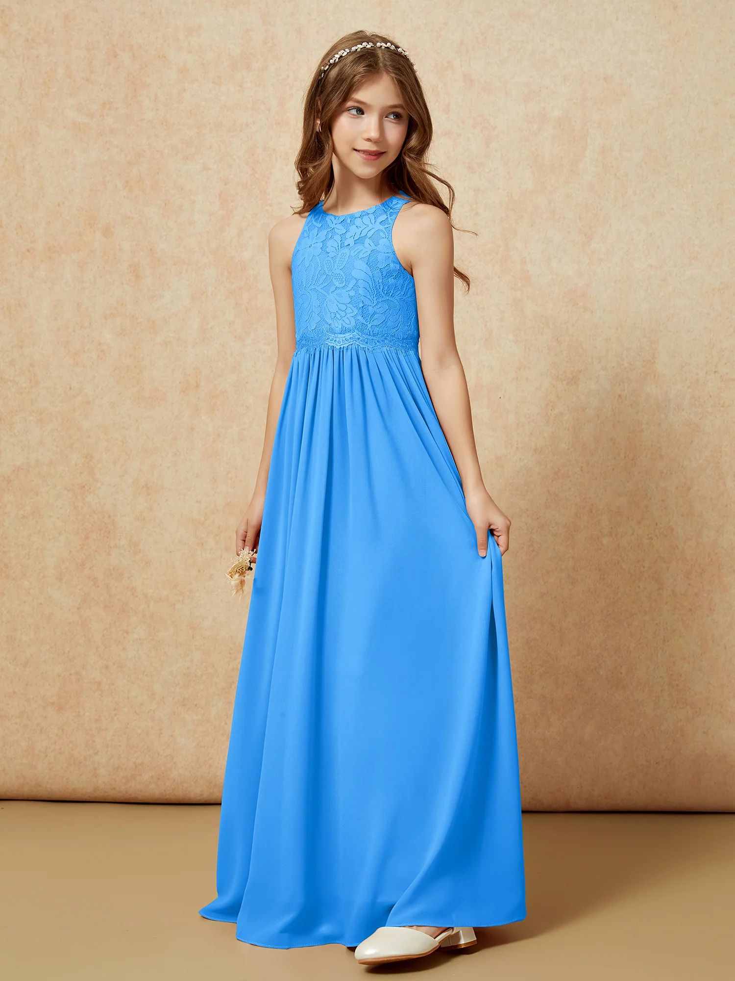 Sleeveless Lace Chiffon A-line Junior Bridesmaid Dress Ocean Blue - Image 3