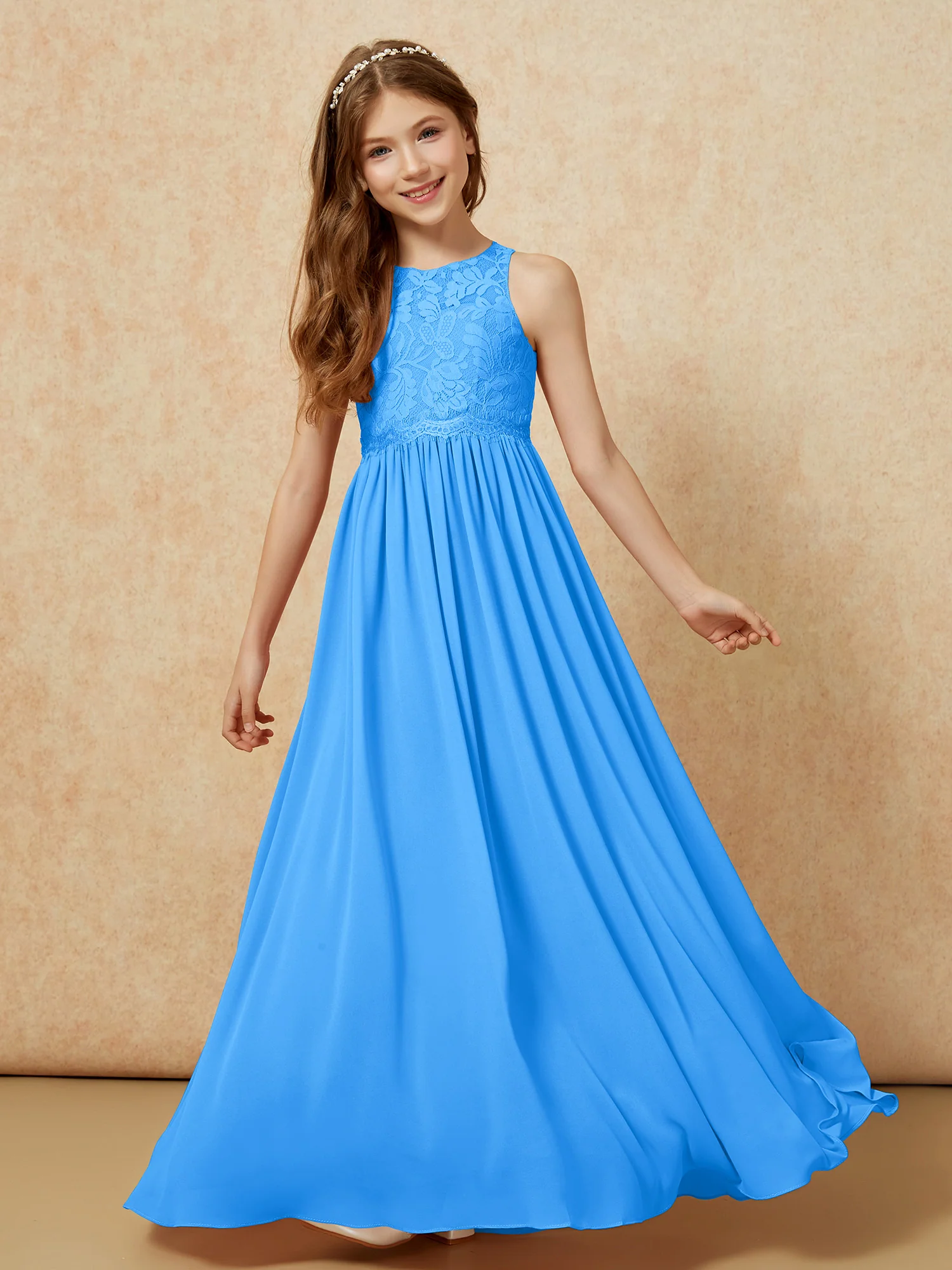 Sleeveless Lace Chiffon A-line Junior Bridesmaid Dress Ocean Blue - Image 4