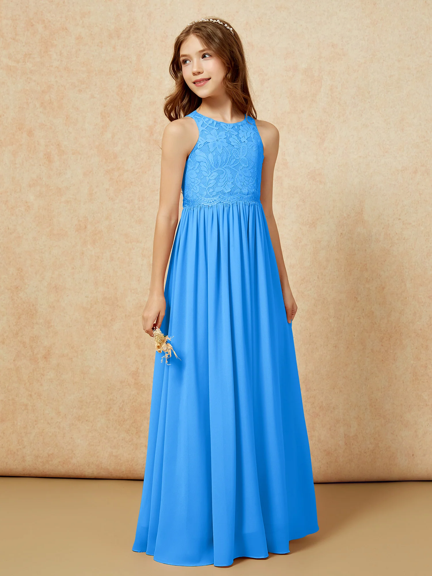 Sleeveless Lace Chiffon A-line Junior Bridesmaid Dress Ocean Blue - Image 5