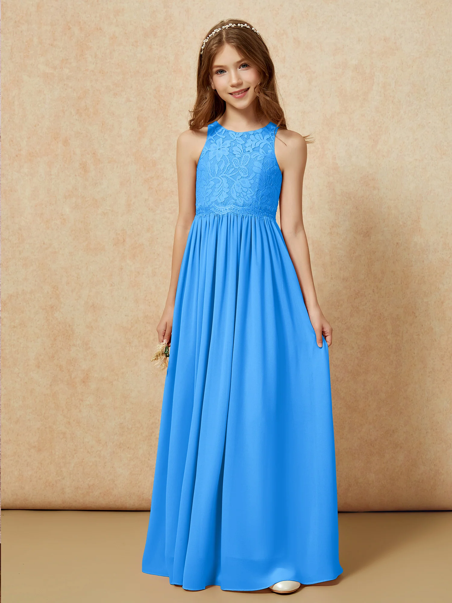 Sleeveless Lace Chiffon A-line Junior Bridesmaid Dress Ocean Blue - Image 6