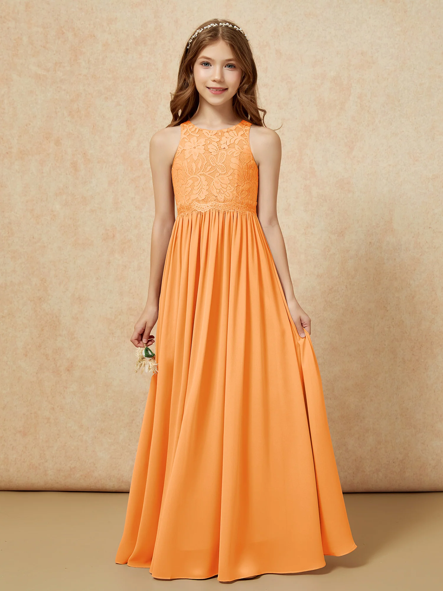Sleeveless Lace Chiffon A-line Junior Bridesmaid Dress Orange