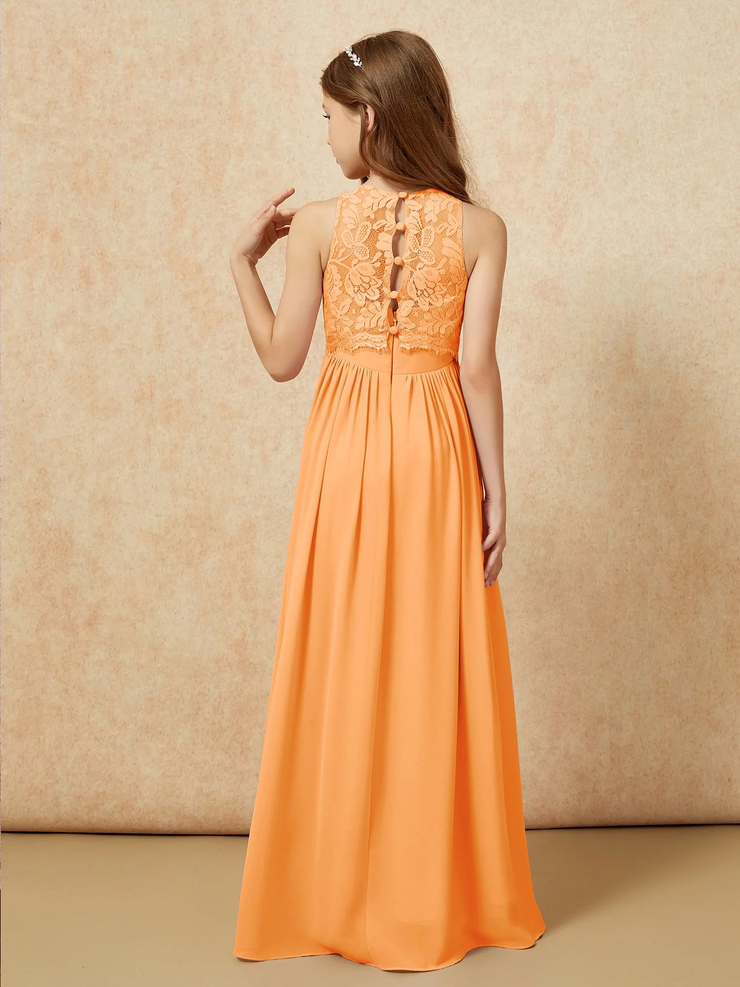 Sleeveless Lace Chiffon A-line Junior Bridesmaid Dress Orange - Image 2