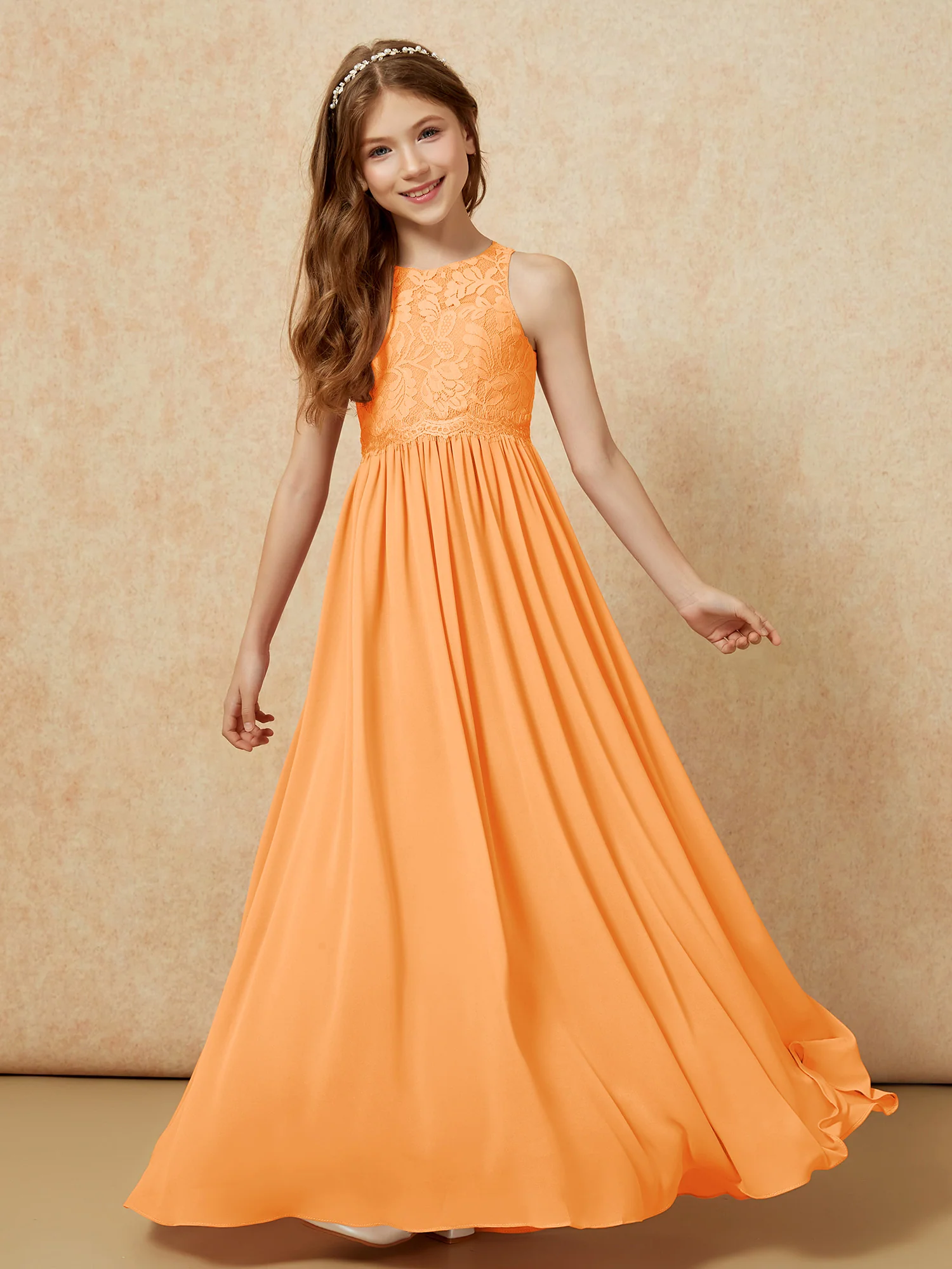 Sleeveless Lace Chiffon A-line Junior Bridesmaid Dress Orange - Image 4