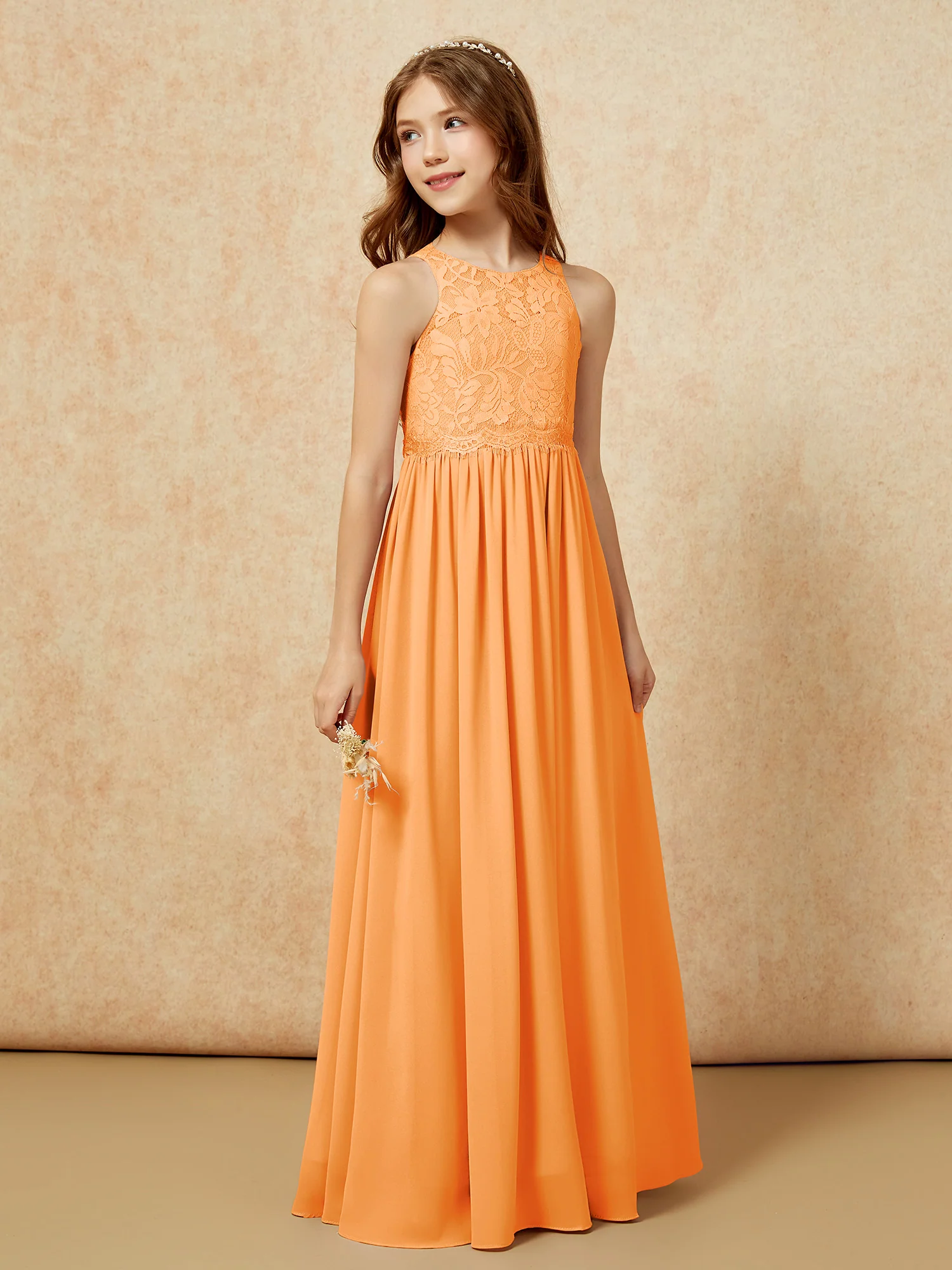 Sleeveless Lace Chiffon A-line Junior Bridesmaid Dress Orange - Image 5