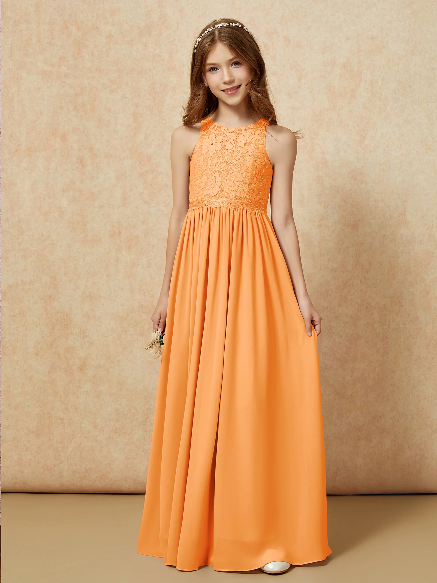 Sleeveless Lace Chiffon A-line Junior Bridesmaid Dress Orange - Image 6