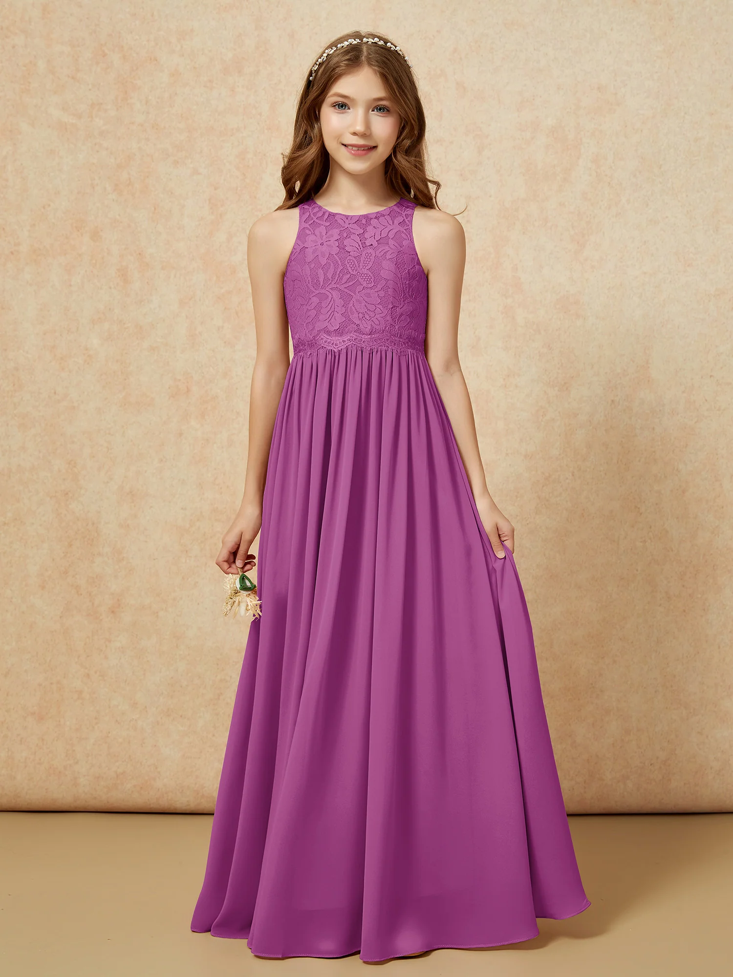 Sleeveless Lace Chiffon A-line Junior Bridesmaid Dress Orchid