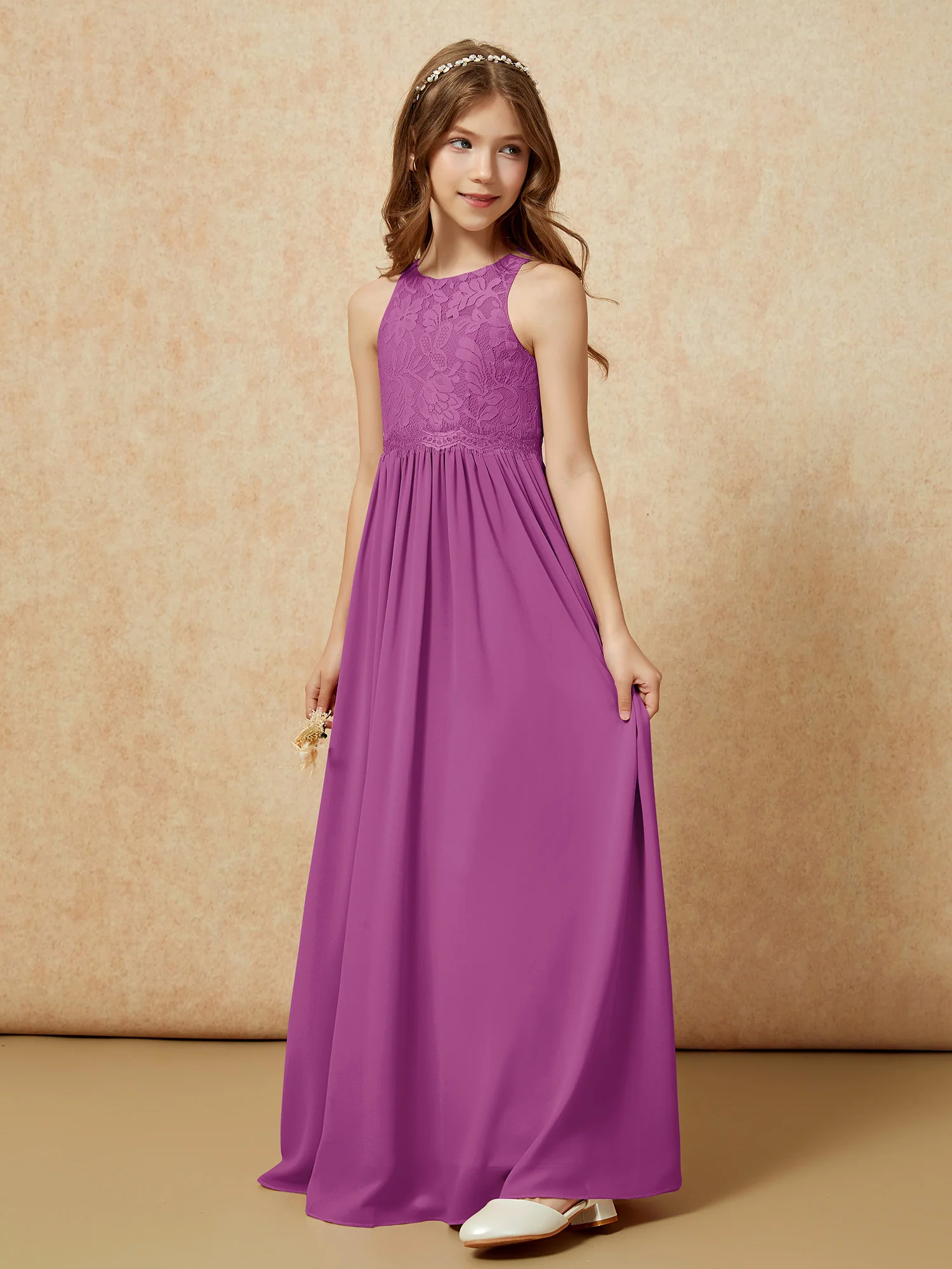 Sleeveless Lace Chiffon A-line Junior Bridesmaid Dress Orchid - Image 3
