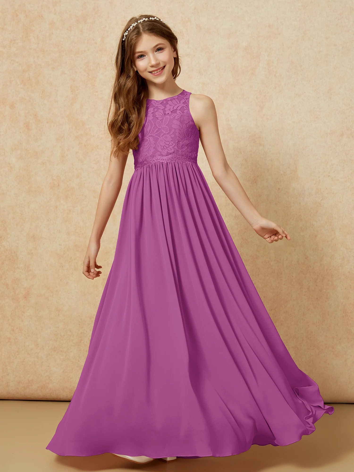 Sleeveless Lace Chiffon A-line Junior Bridesmaid Dress Orchid - Image 4