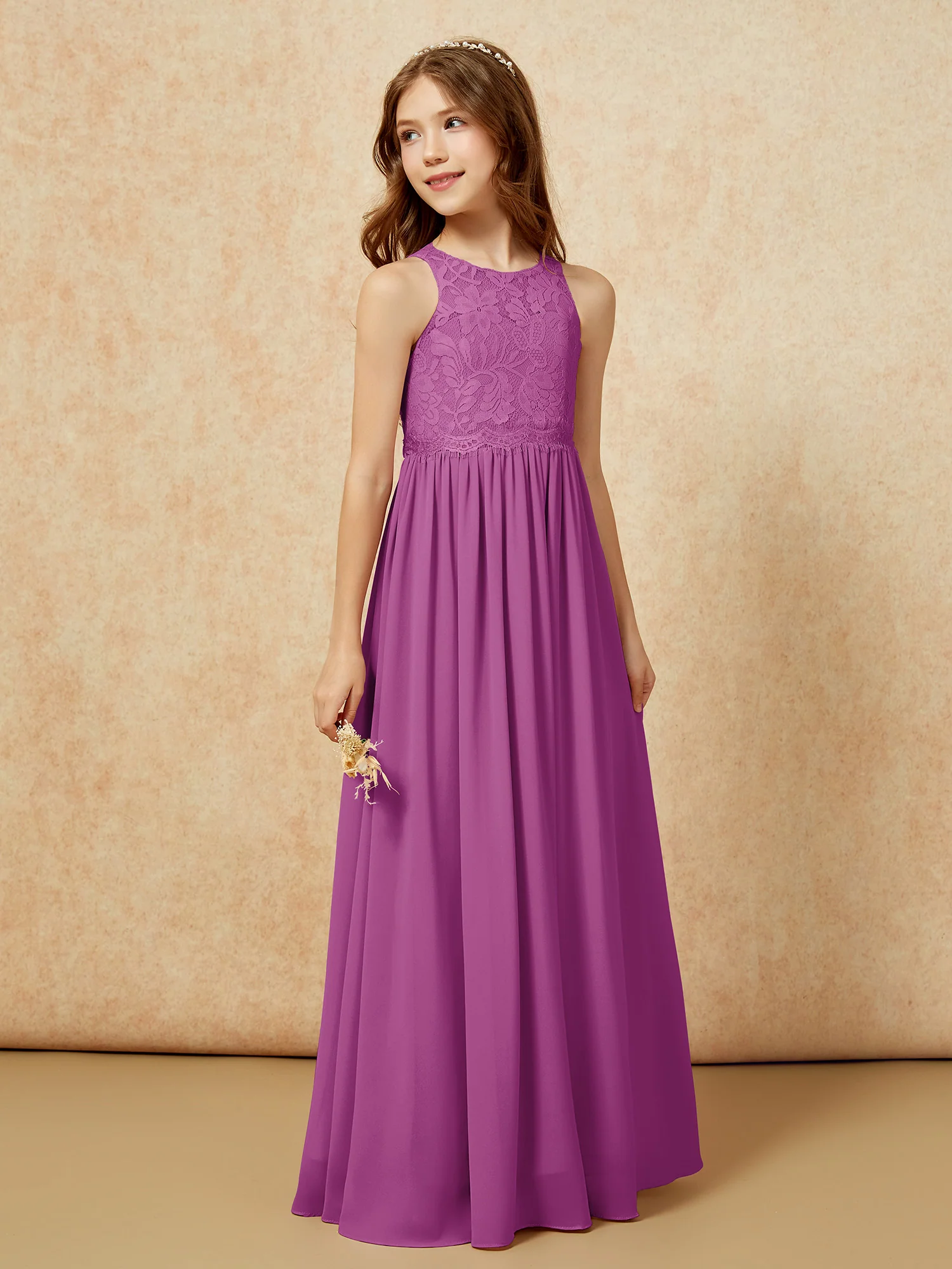 Sleeveless Lace Chiffon A-line Junior Bridesmaid Dress Orchid - Image 5